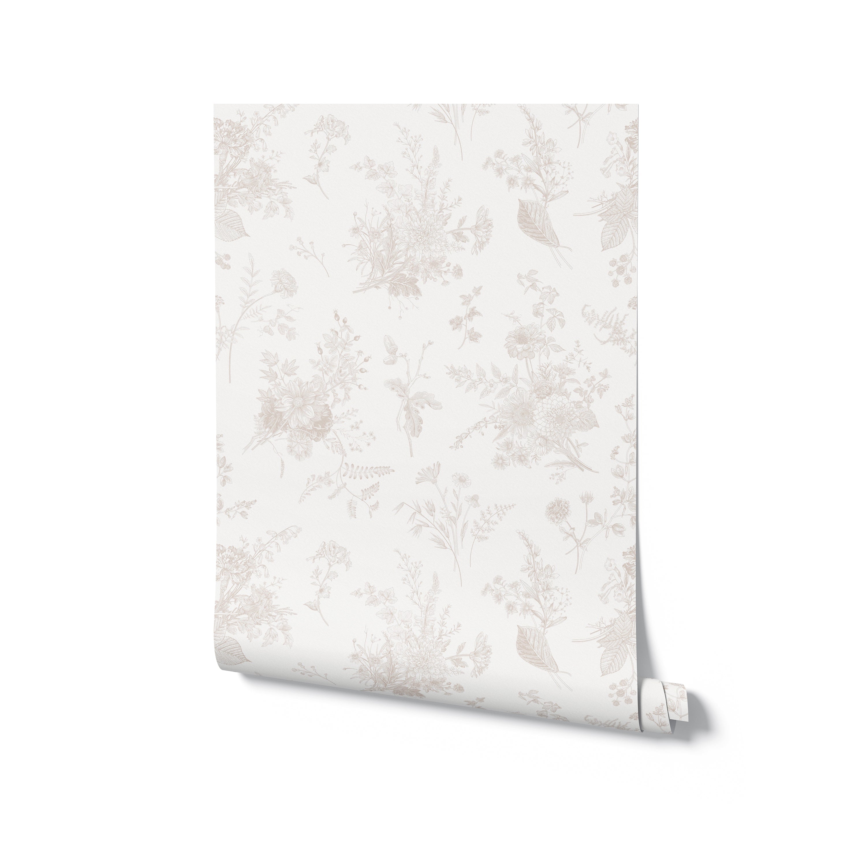 An image of the rolled Jouyful Garden Wallpaper, showing off the delicate botanical patterns that cover its surface. The soft beige illustrations on the off-white background offer a look that is both subtle and intricate, promising to imbue any room with a sense of calm and sophistication. The roll suggests the wallpaper's ability to blend seamlessly into a variety of decor styles while maintaining its distinct elegance.
