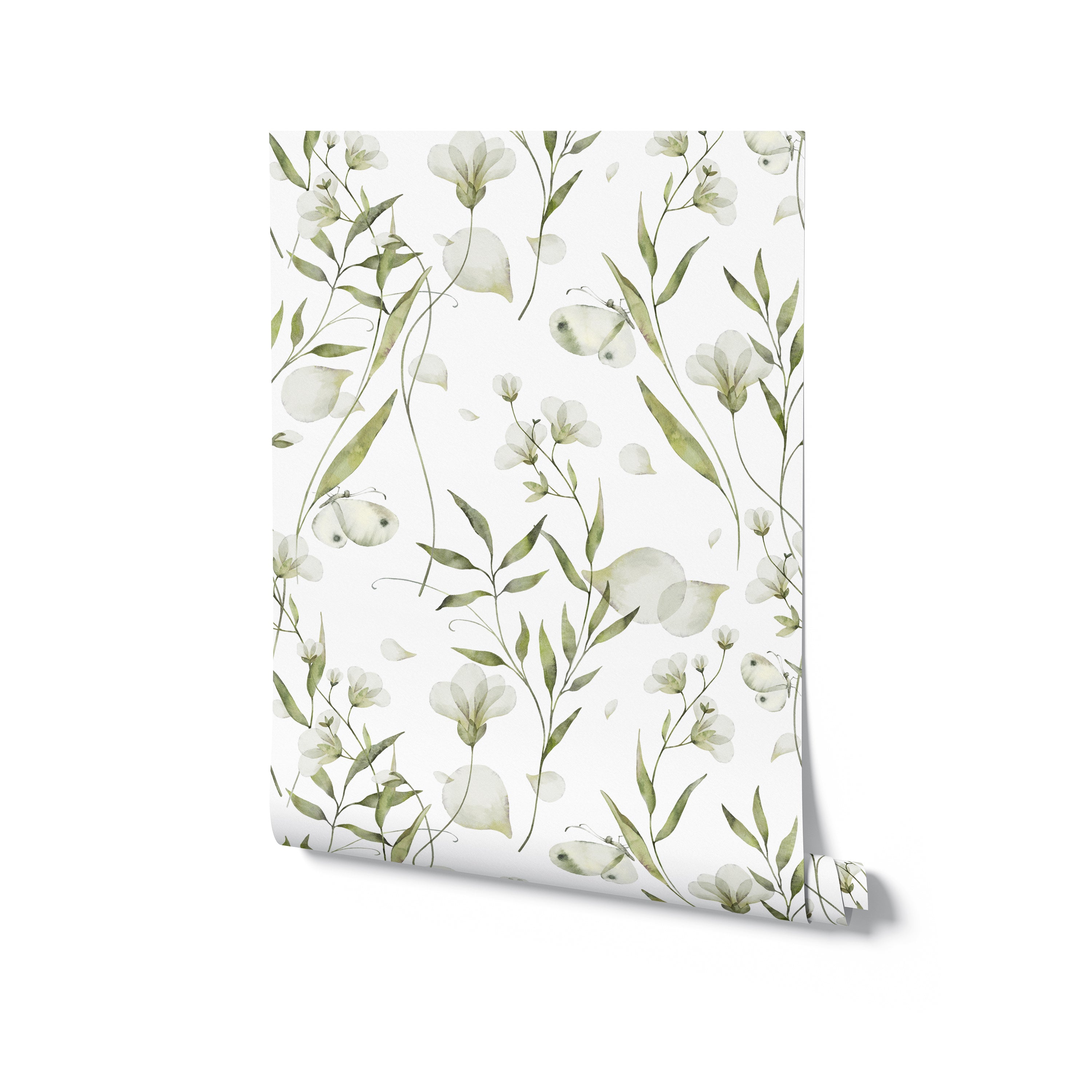 A roll of 'Botanical Bliss Wallpaper' displayed against a white backdrop, with the paper partially unrolled to reveal the elegant botanical print. The watercolor leaves and blooms are scattered in a pattern that suggests a gentle, airy garden, inviting a sense of peace and calm into any room.