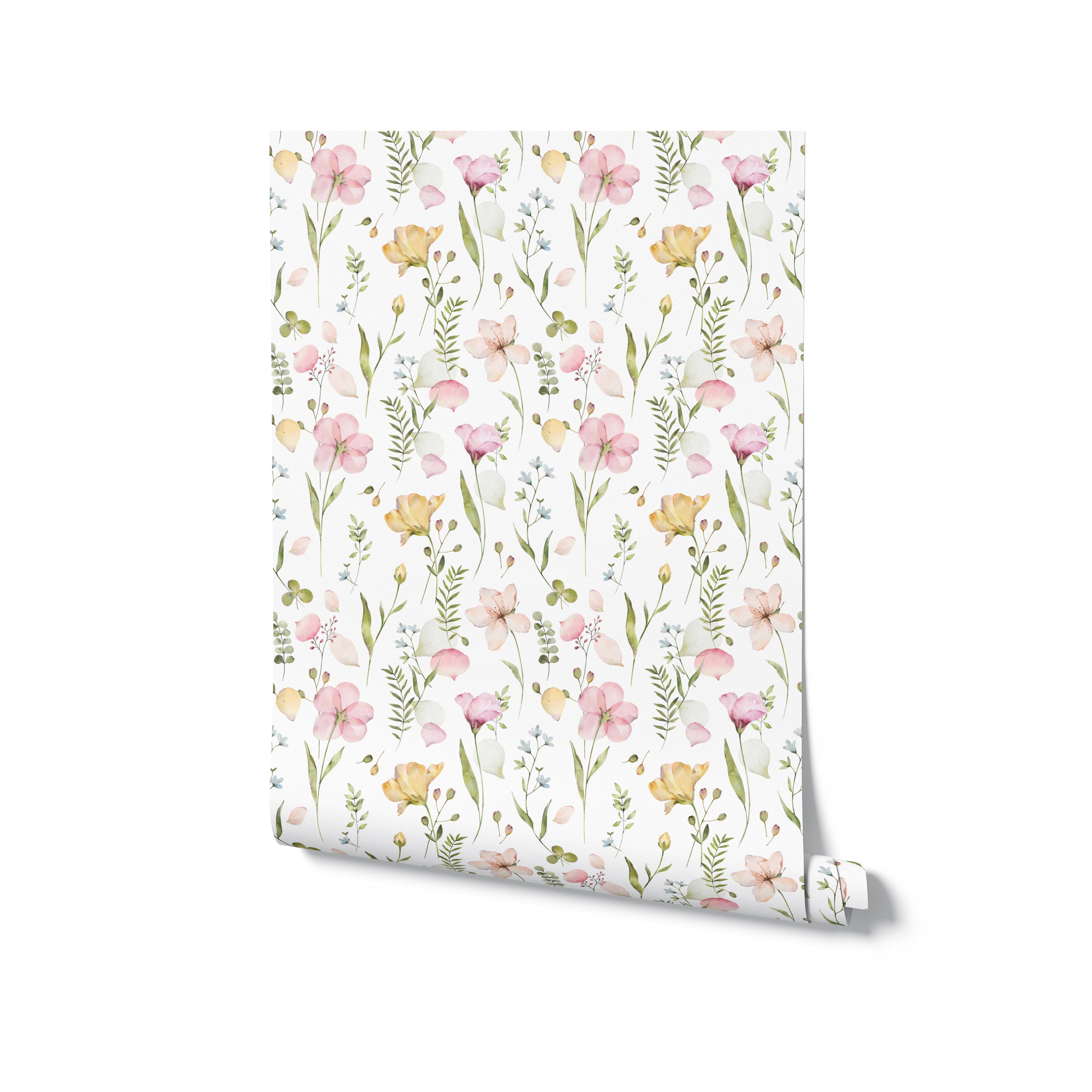 A roll of Serene Floral Wallpaper, displaying the full beauty of its floral pattern with soft pinks, muted yellows, and lush greens. This image showcases the wallpaper’s potential to transform any room into a soothing and aesthetically pleasing space.