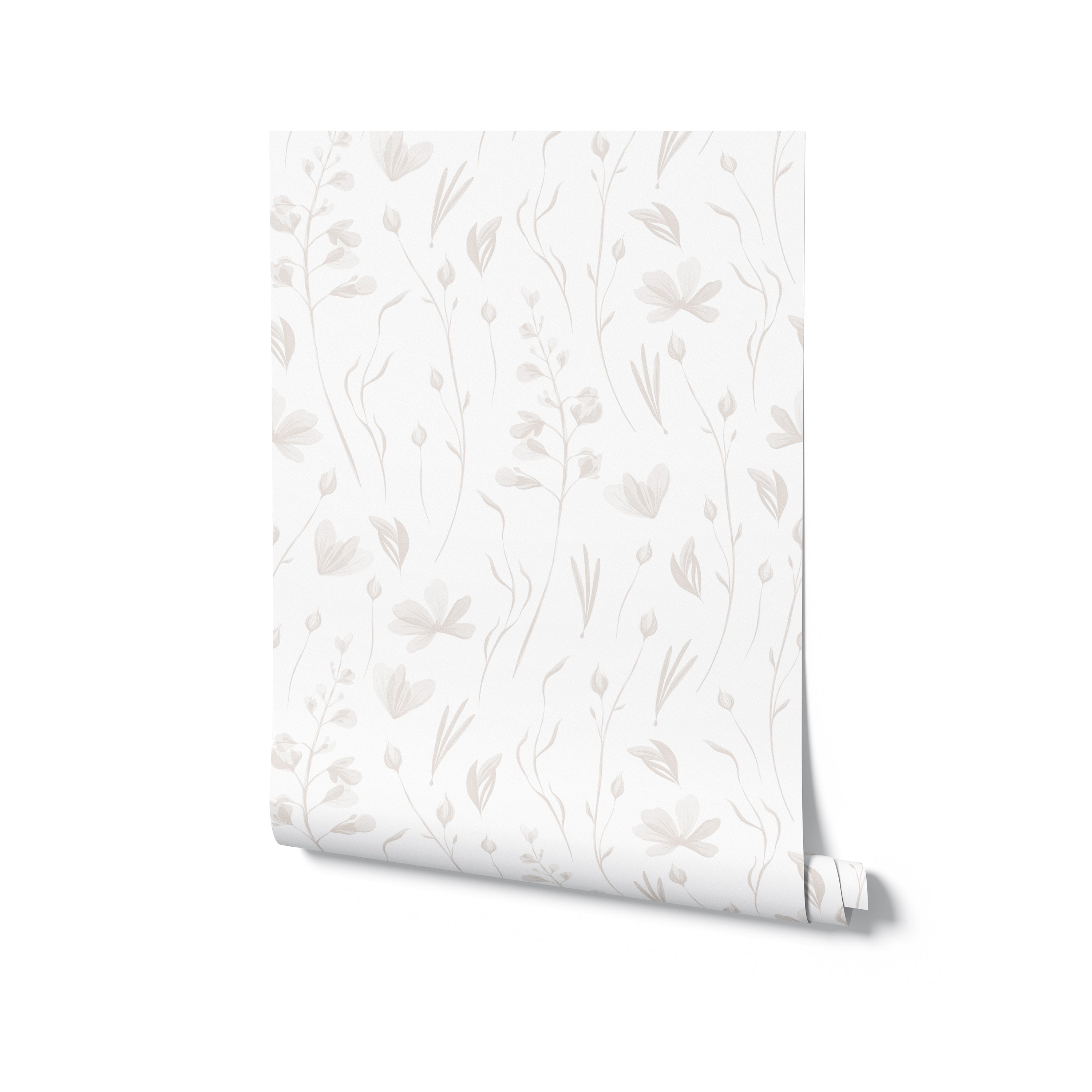 A rolled-up piece of warm grey watercolor floral wallpaper against a plain white background, illustrating the wallpaper’s design and color scheme that can bring a touch of nature's serenity into a room.