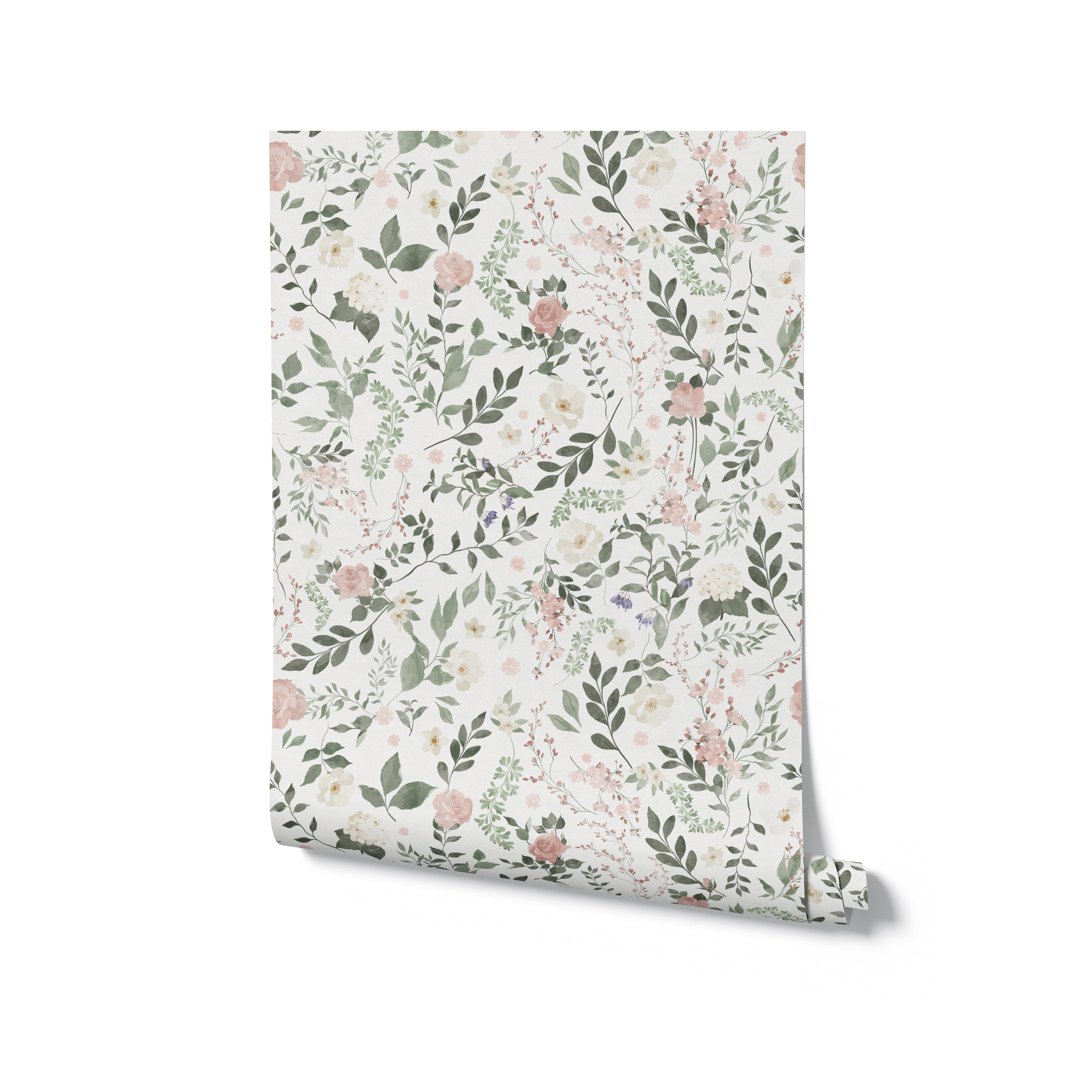 A single roll of Enchanted Symphony Wallpaper, unrolled to reveal its elegant floral pattern with green leaves and pink flowers on a white background