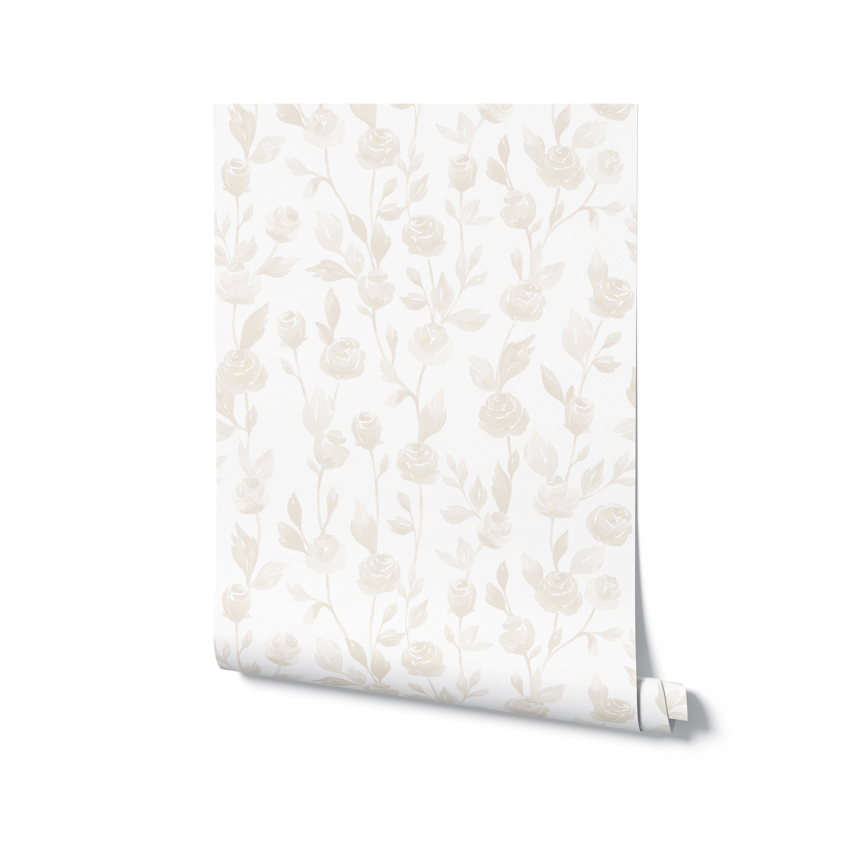 A roll of Cream Watercolour Rose Wallpaper, illustrating the design's versatility and the gentle watercolor effect of the roses and leaves, perfect for enhancing various spaces with its understated elegance.