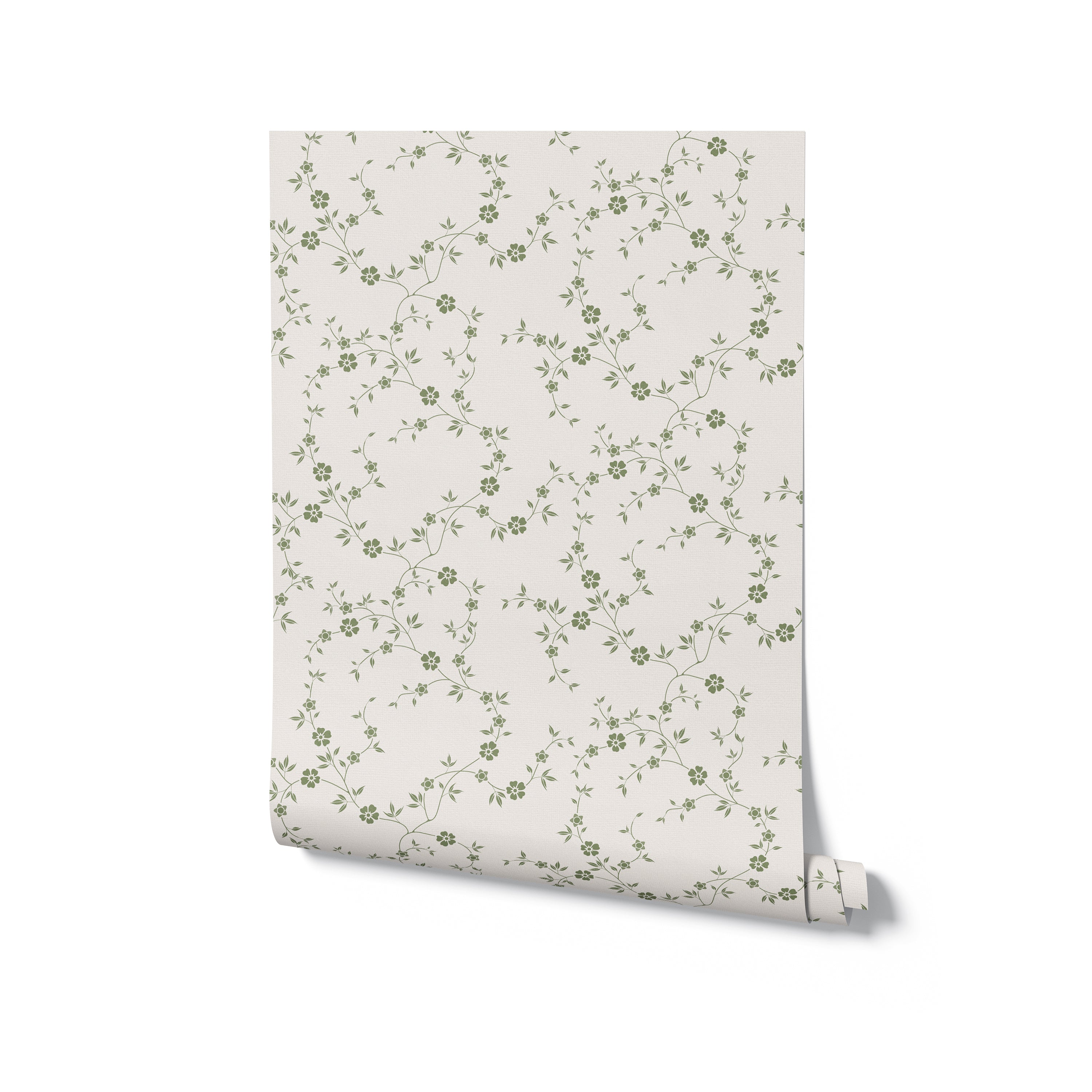 A rolled piece of the Charming Floral Wallpaper-Moss against a white backdrop, highlighting the intricate green floral pattern that exudes a sense of vintage elegance, ready to transform a room with its natural and charming design.