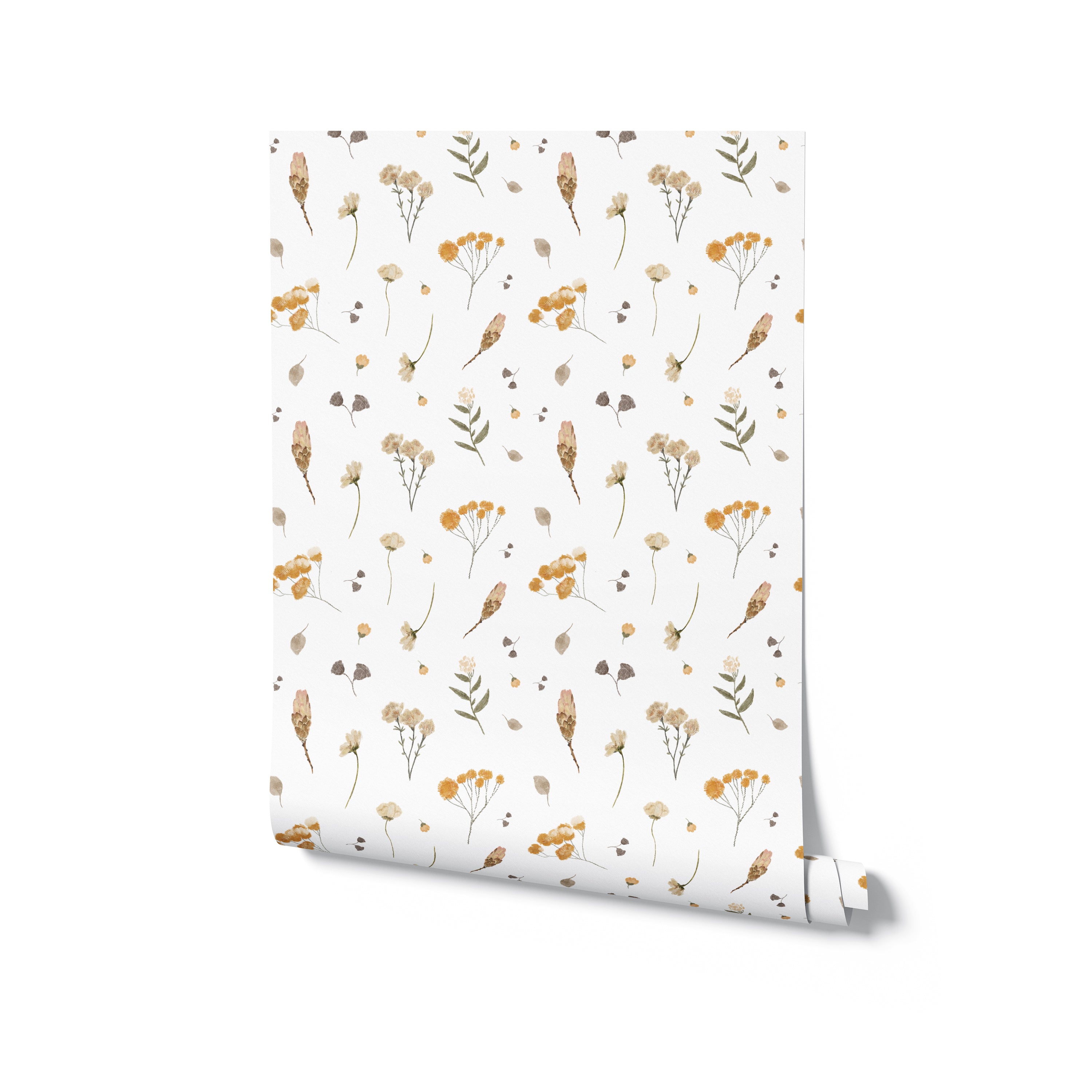 A rolled-up piece of Buttercup Fields Wallpaper with its edge slightly unfurled, showing off the scattered yellow buttercups and gray foliage pattern, ready to brighten up a room with its light and airy design.