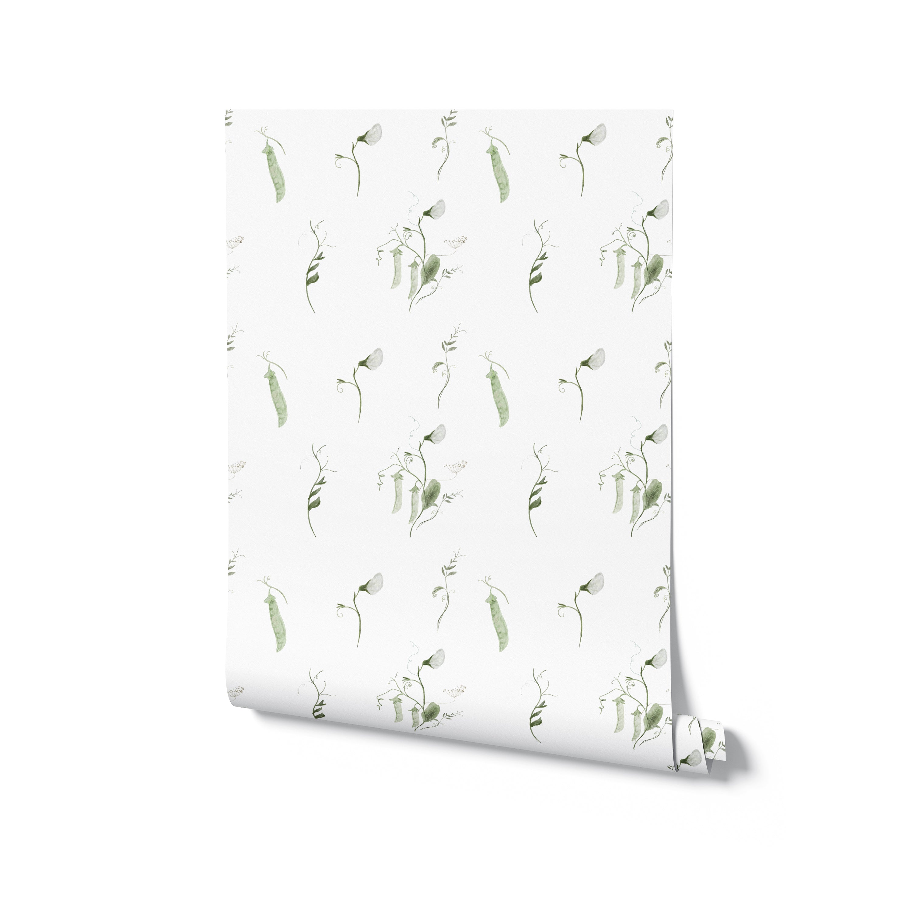 A roll of snow pea wallpaper showing a continuous pattern of elegantly depicted snow peas and tiny flowers in soft, watercolor green hues, designed for a fresh and organic look.
