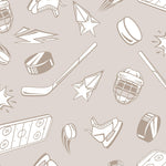 Close-up of the Ice Legend Wallpaper showcasing a fun design of hockey-related elements such as pucks, helmets, skates, and stars, all in a beige color scheme.