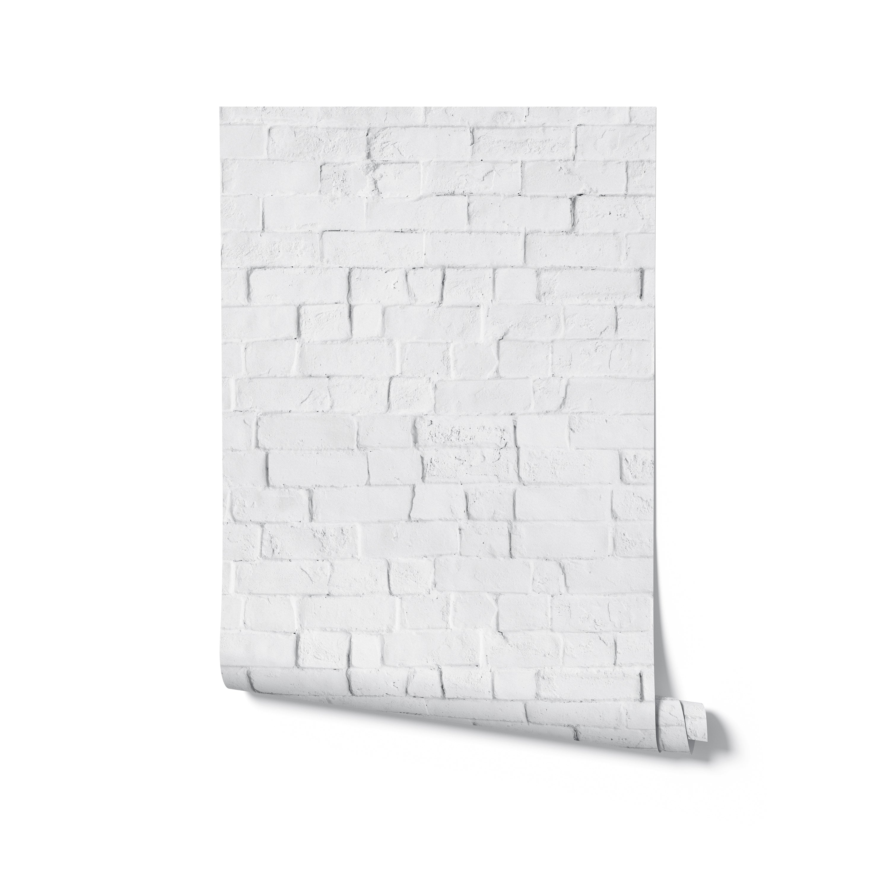 A rolled-up piece of the Realistic White Brick Wallpaper on a plain background, showing off the lifelike brick texture and the wallpaper's ability to transform a space. The roll suggests potential for an easy home makeover, with the wallpaper's design suitable for a variety of living spaces looking for a touch of modernity.