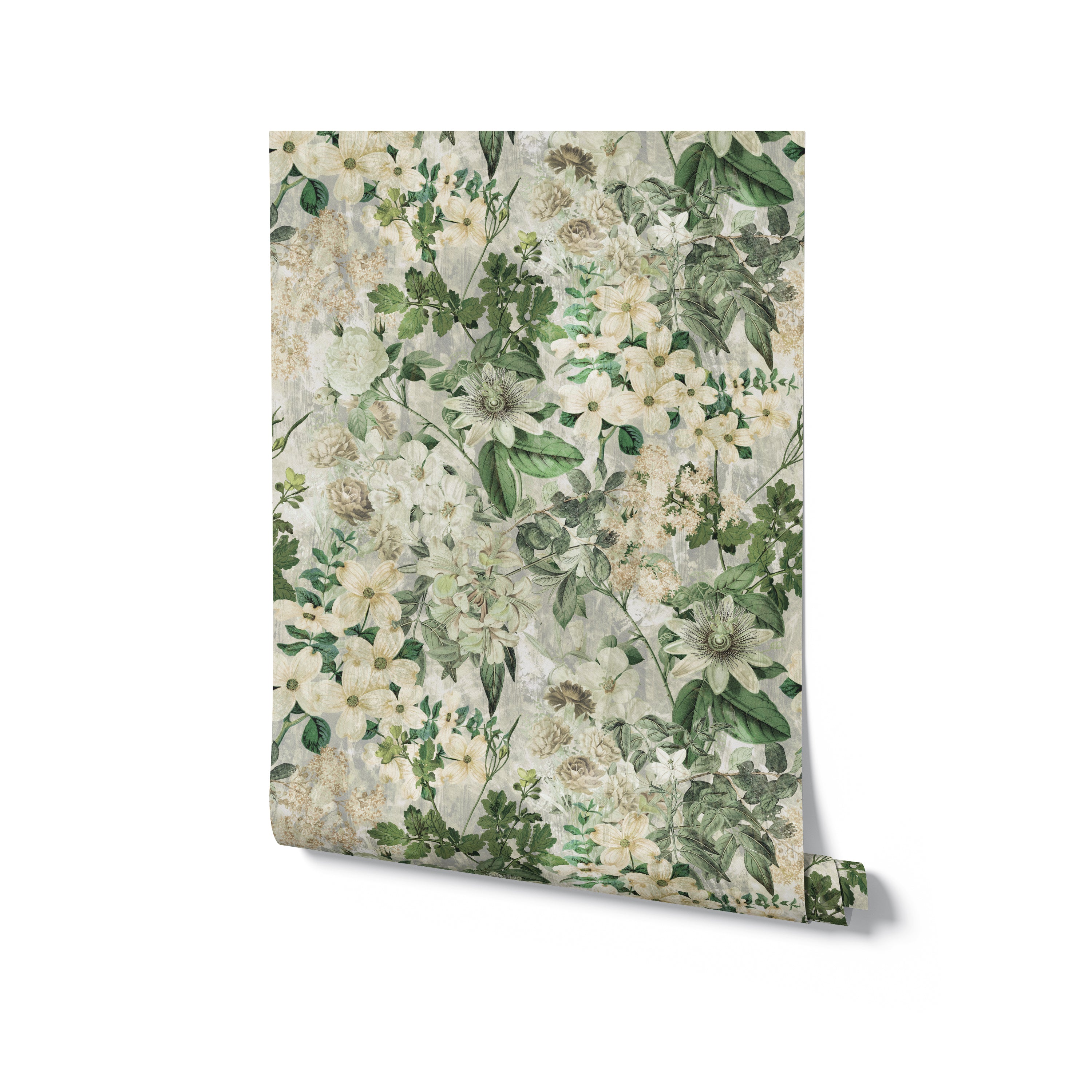 A single roll of Floral Haven Wallpaper, unrolled to show its intricate pattern of green leaves and white flowers, highlighting the detailed botanical design.