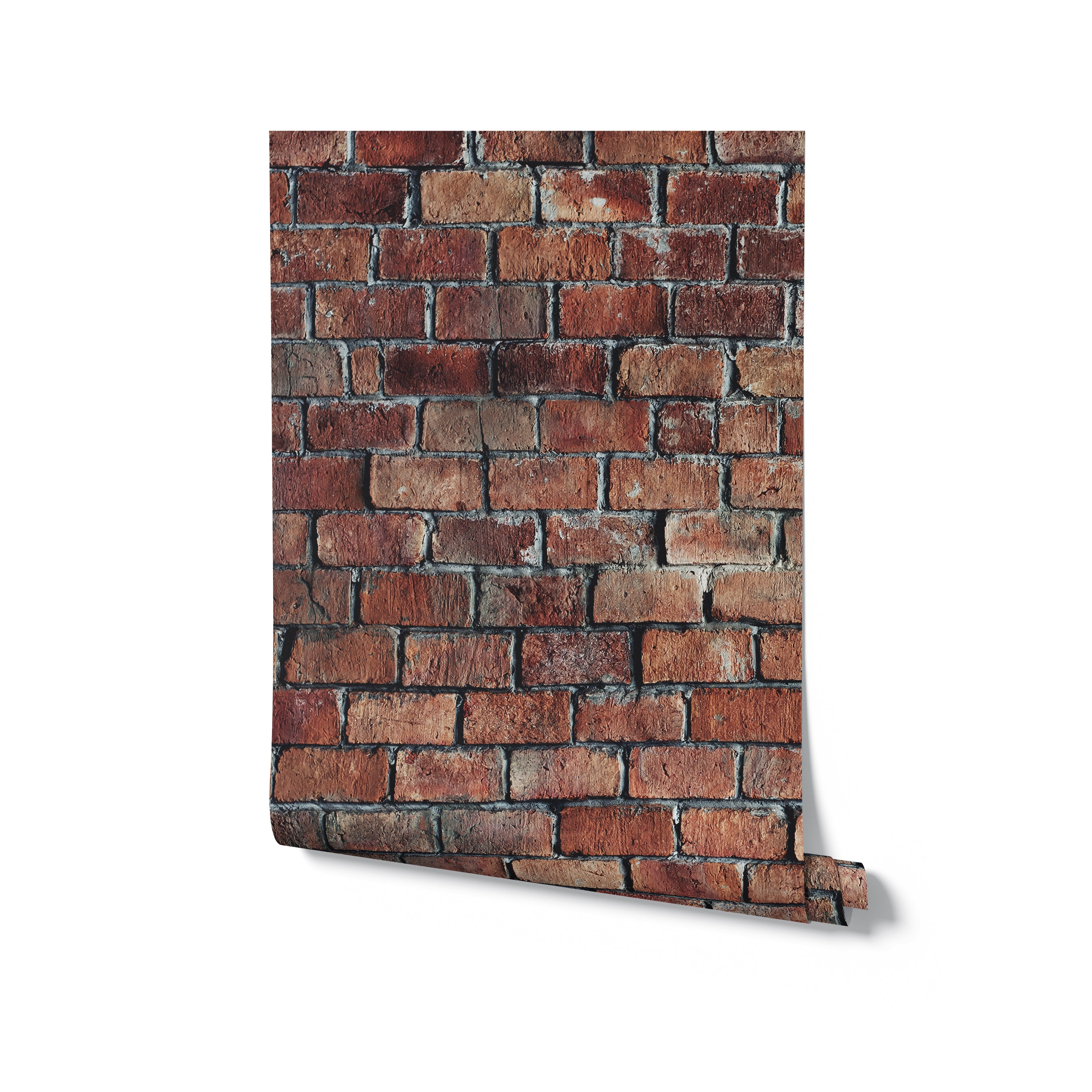 A roll of Realistic Red Brick Wallpaper leaning against an isolated white background, highlighting the lifelike texture and colors of the bricks, ideal for creating a bold and industrial aesthetic in any space.