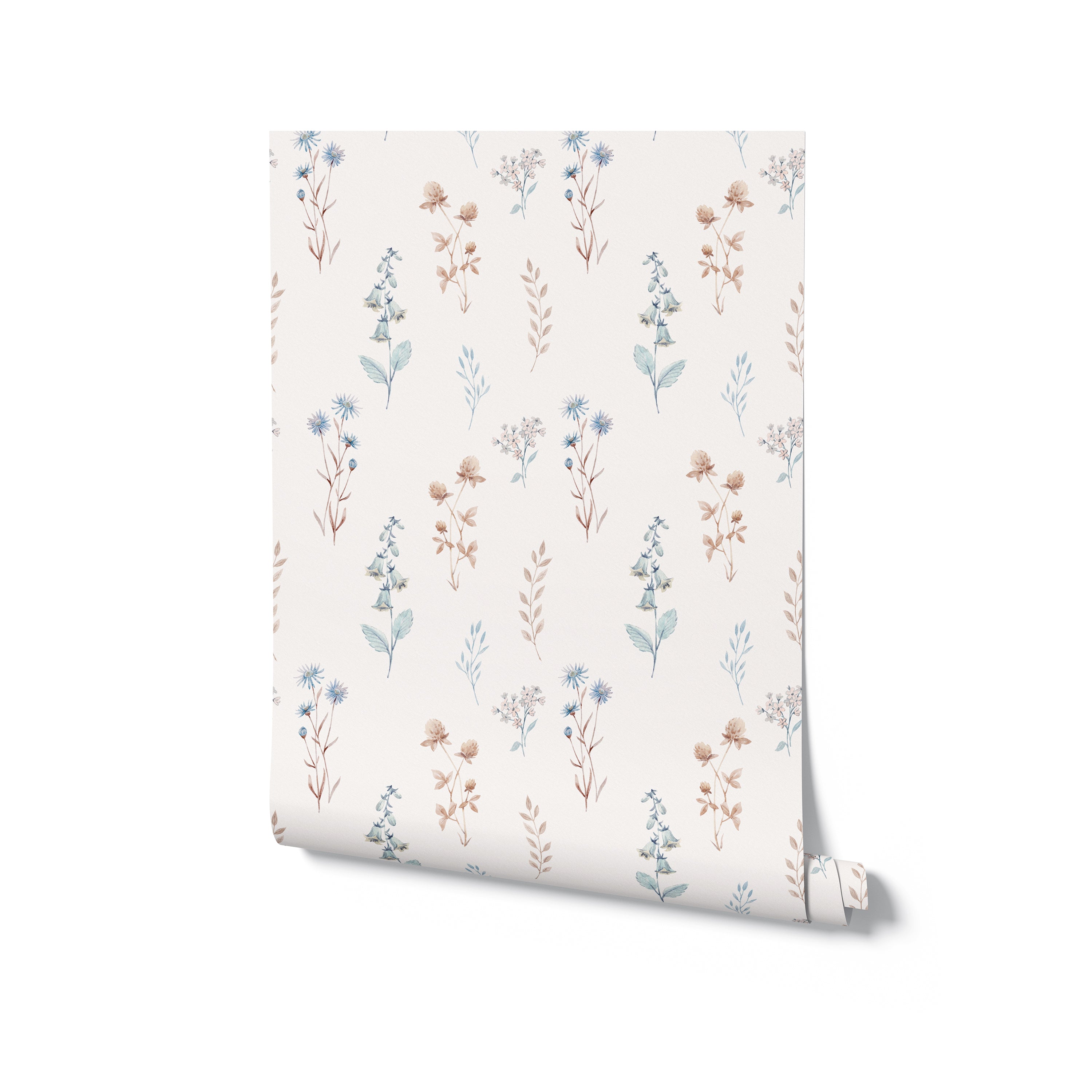A roll of Bluebell Floral Wallpaper lying on a plain background. The wallpaper features elegant floral prints with blue and beige flowers and green foliage on a cream background, suitable for home interior design.