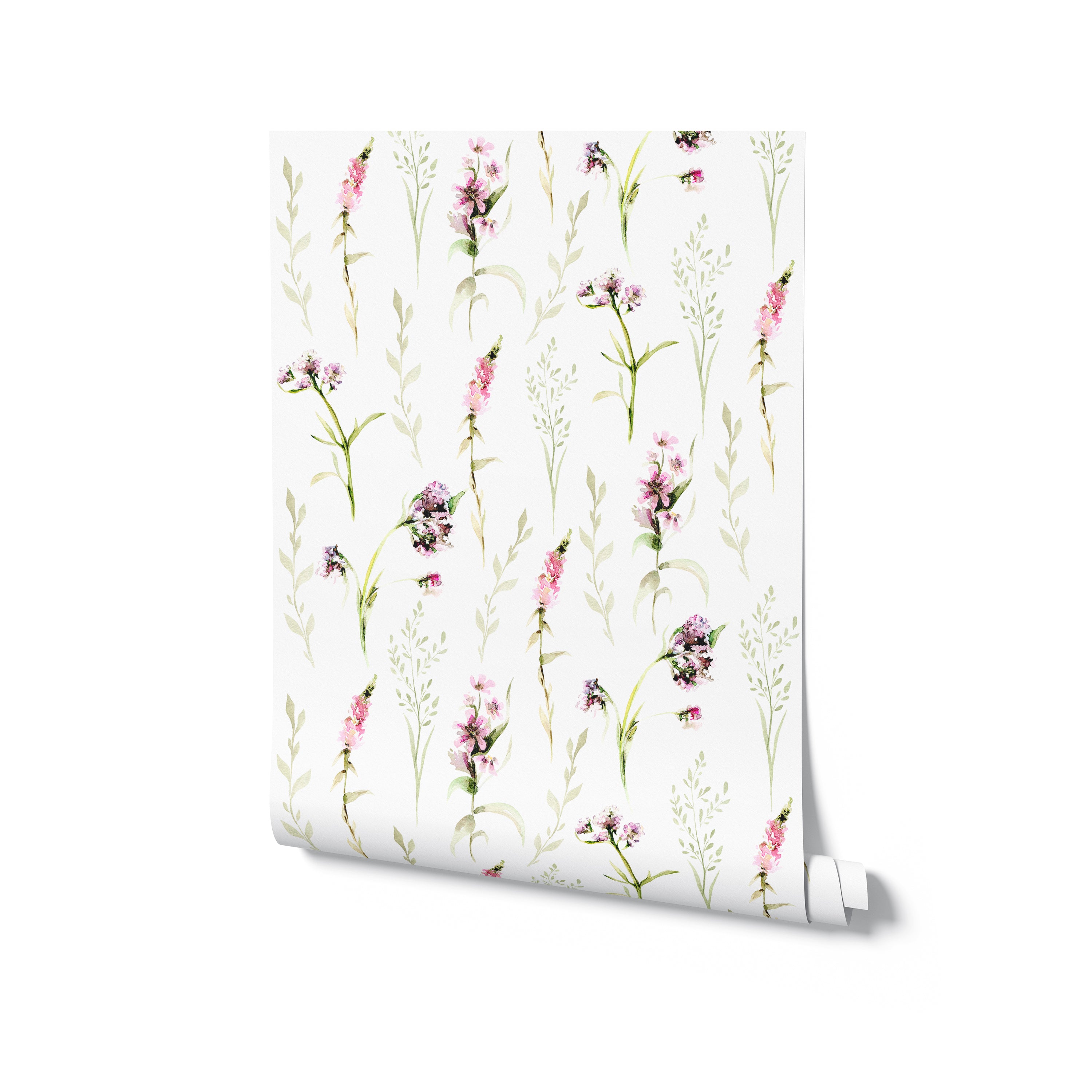 A rolled-up piece of 'Blooming Spring Wallpaper' against a white background, highlighting the elegant floral pattern of pink flowers and green leaves, ready for application or display.