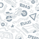 A detailed view of the Speedway Adventures Wallpaper showcasing its playful illustrations of cars, motorcycles, road signs, and road elements in light gray on a white background. The design is lively and perfect for adding a touch of fun to a child's room.