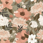 Aster Wallpaper - 75 inch featuring a seamless pattern of large, detailed flowers in shades of peach, white, and green, creating a vibrant and intricate floral design