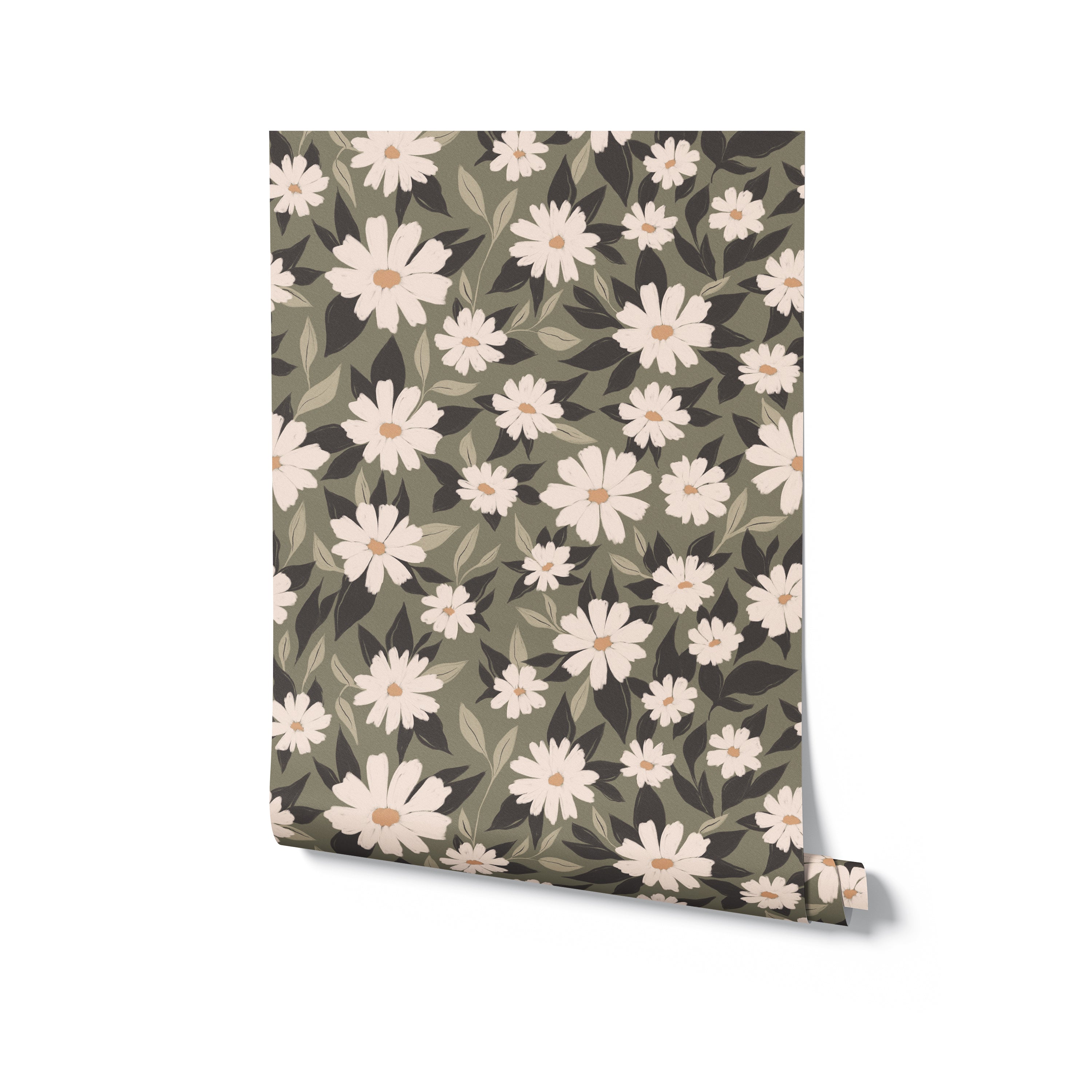 A rolled piece of "Daisy Blooms Wallpaper - 25"" displaying a lush pattern of white daisies against a deep olive background. This wallpaper brings a touch of nature indoors, perfect for adding a serene and decorative element to both modern and traditional home decors.