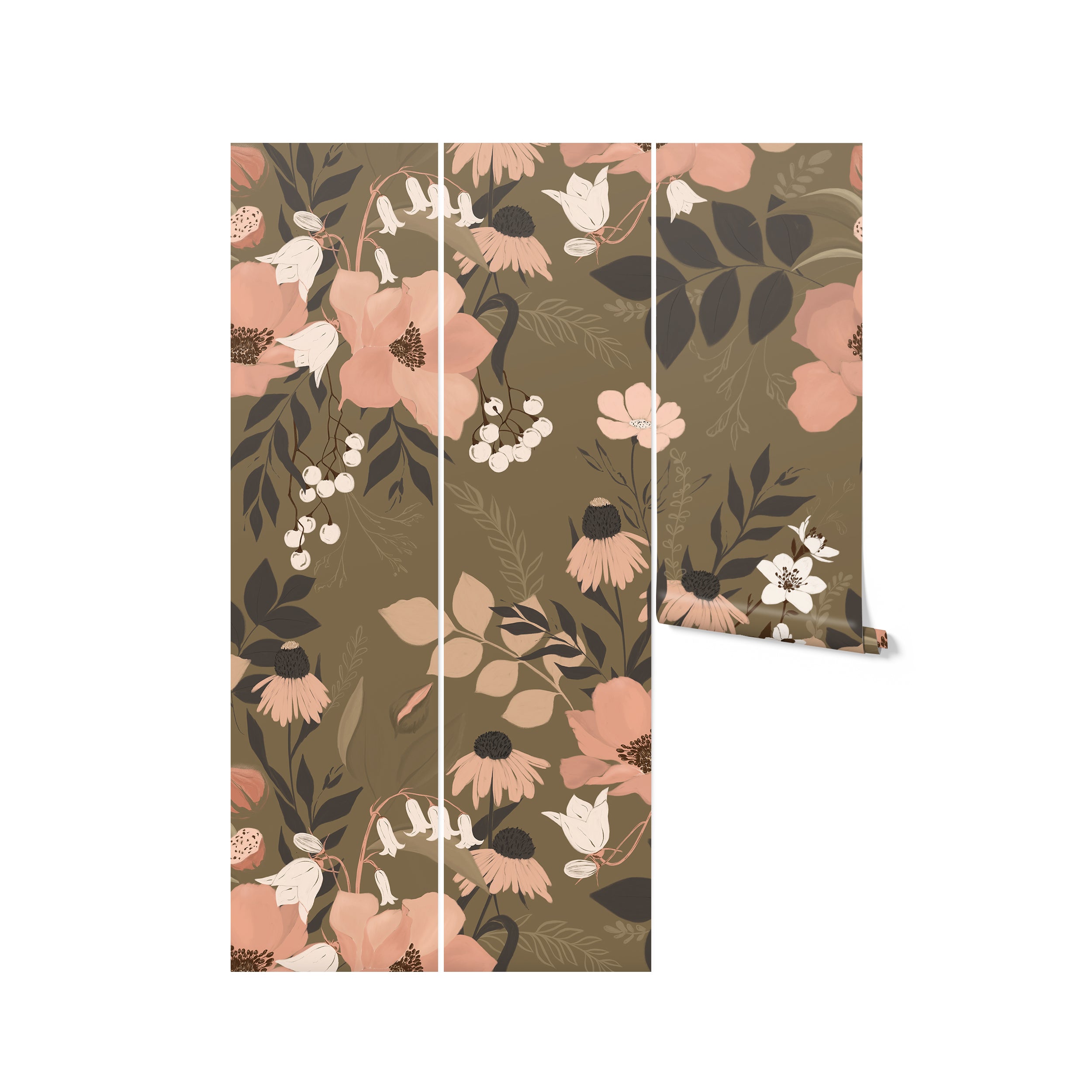 A rolled-up sample of the Botanic Garden Wallpaper - 75", showcasing an elegant and lush floral design. The wallpaper features large peach flowers, smaller white blooms, and dark leaves, perfect for adding a touch of sophistication and natural beauty to any interior.