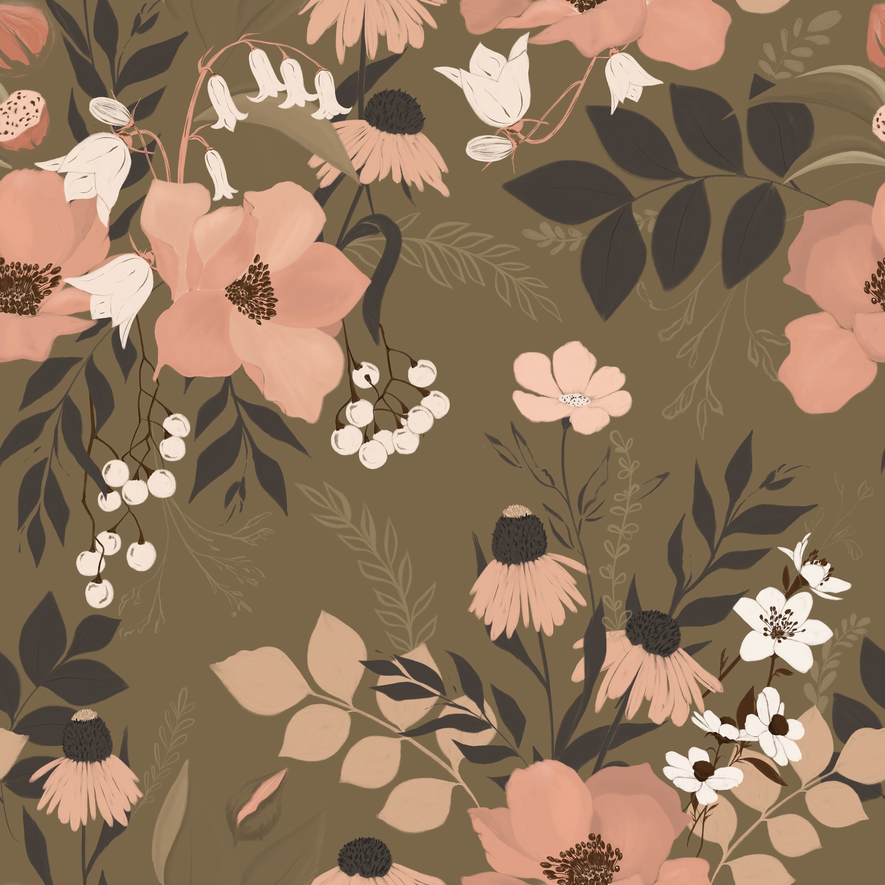 A detailed view of the Botanic Garden Wallpaper, showcasing an array of floral illustrations against a muted olive background. The design features large peach blossoms, delicate white flowers, and intricate foliage that adds a lush, botanical feel to any space.
