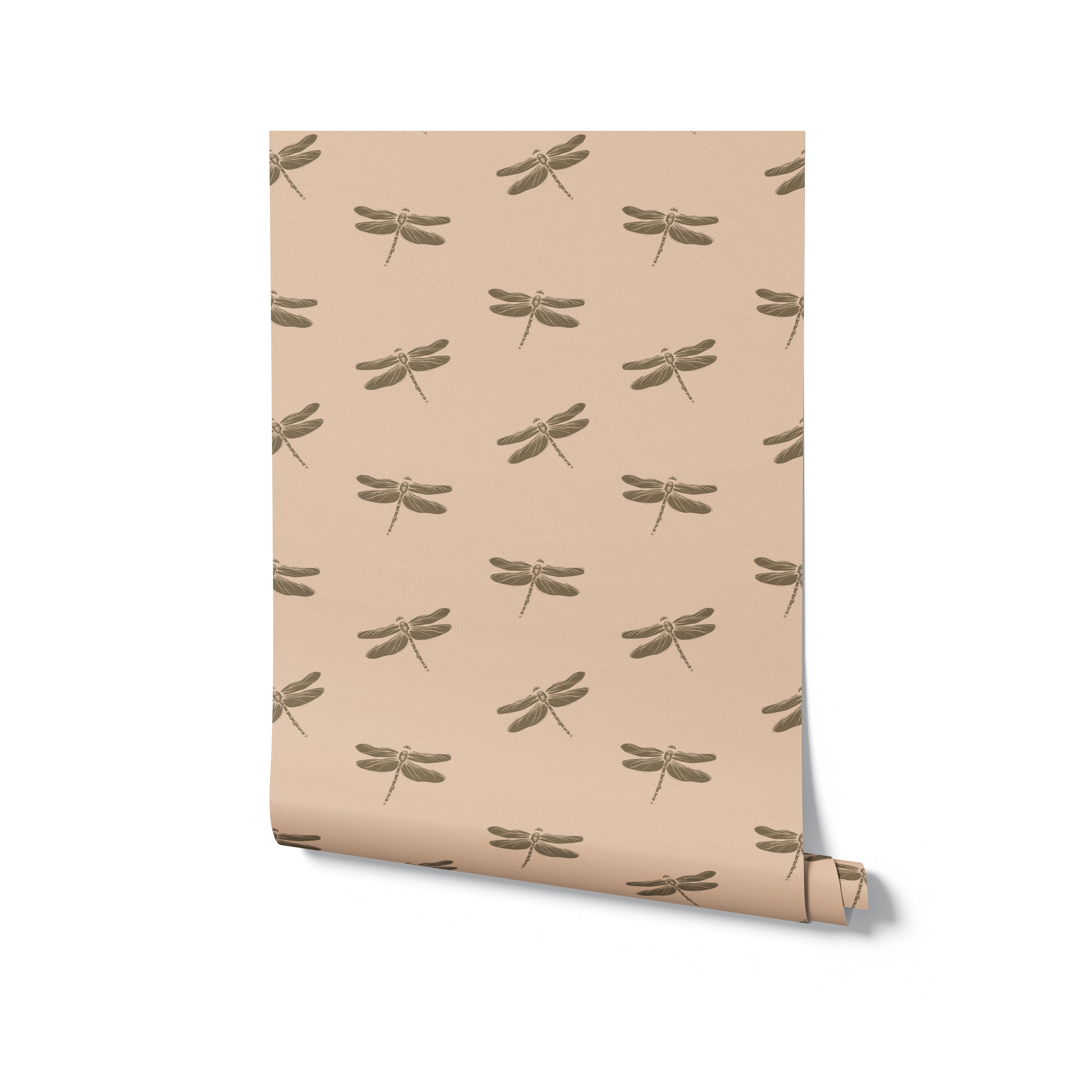 A roll of Autumn Dragonfly wallpaper displayed vertically, showing the serene beauty of dragonflies printed in a repeating pattern on a soft beige background, perfect for creating a tranquil home atmosphere.