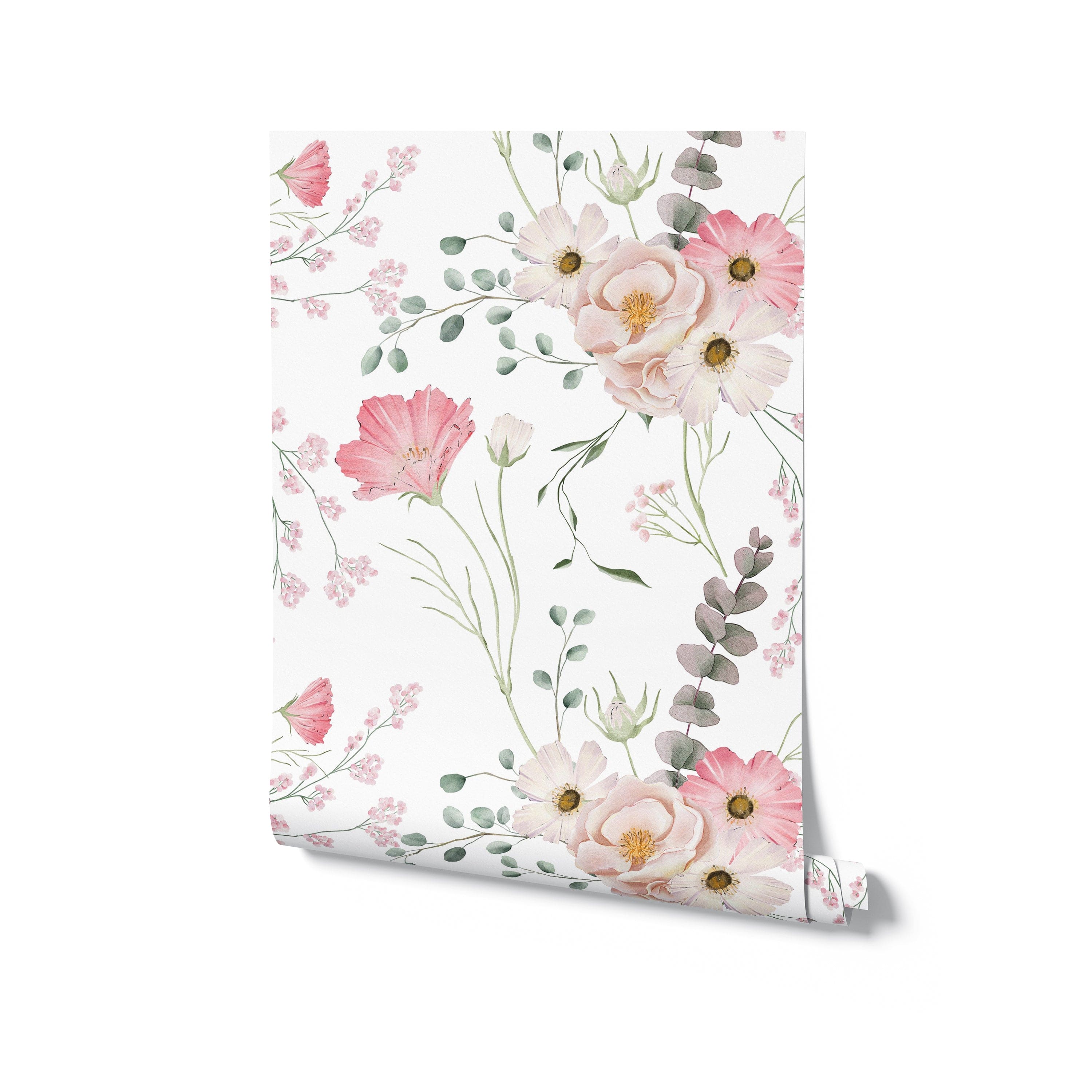 Mockup of the Flourish Wallpaper roll displaying the full pattern of delicate pink and white flowers, green leaves, and sprigs of baby’s breath on a white background, perfect for creating a romantic and serene atmosphere.