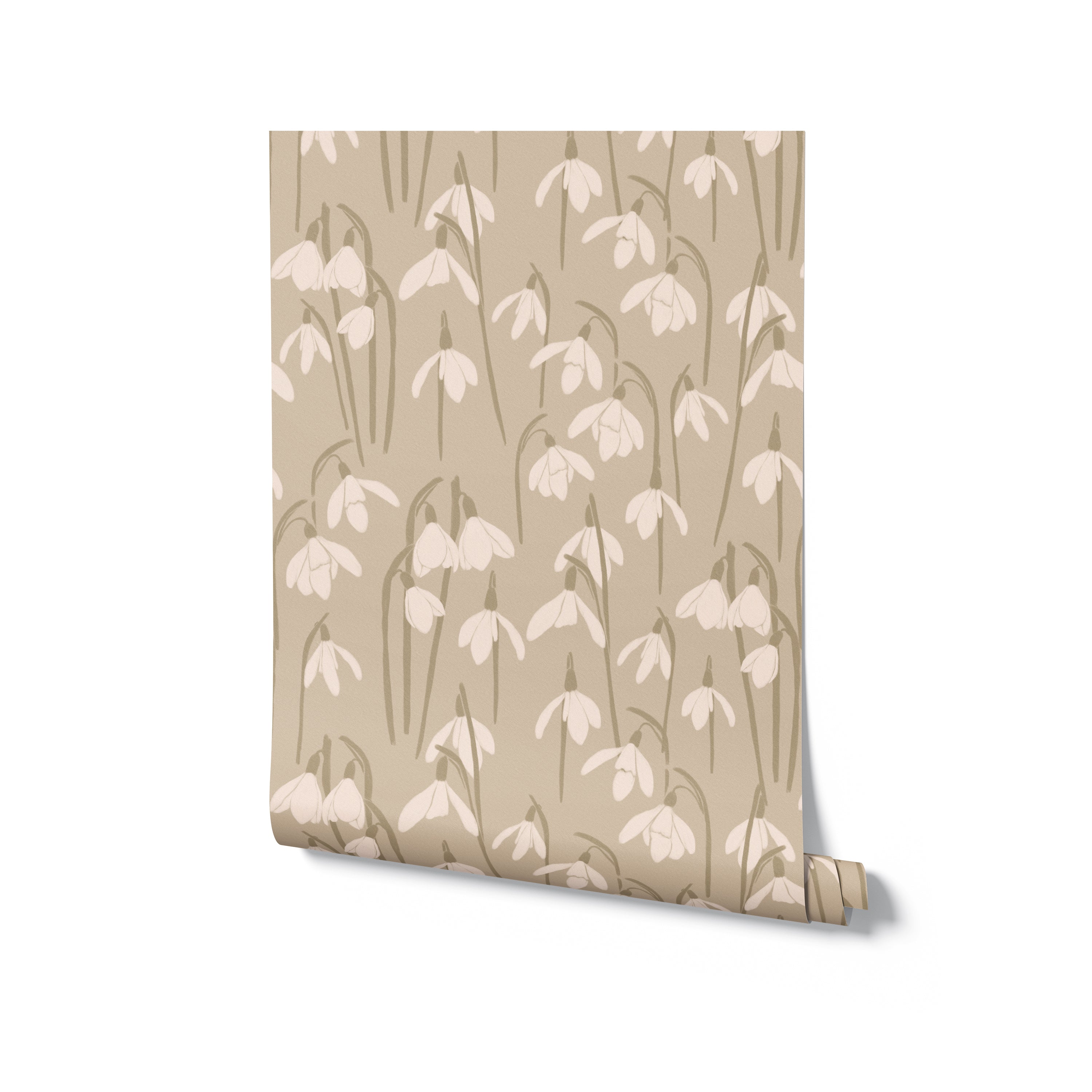 A rolled view of the "Snowdrop Wallpaper - 25," showcasing the intricate design of white snowdrop flowers set against a taupe background. This elegant wallpaper is perfect for adding a light, floral accent to any room, offering both beauty and a sense of peace.
