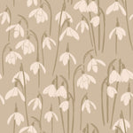 Seamless pattern of Snowdrop flowers in a soft, muted beige tone, featuring elegant white blooms with slender green stems and leaves, creating a peaceful and naturalistic design
