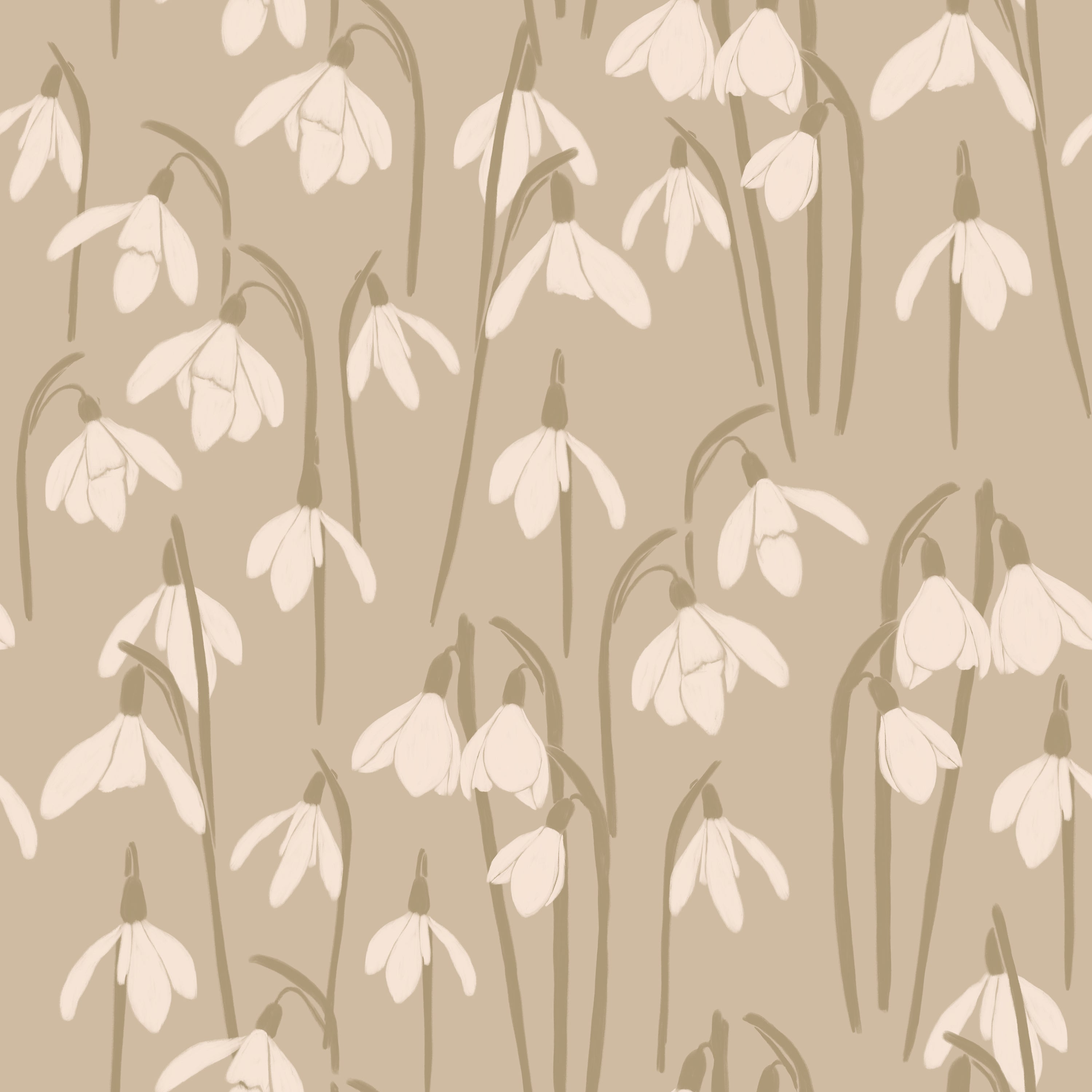Seamless pattern of Snowdrop flowers in a soft, muted beige tone, featuring elegant white blooms with slender green stems and leaves, creating a peaceful and naturalistic design