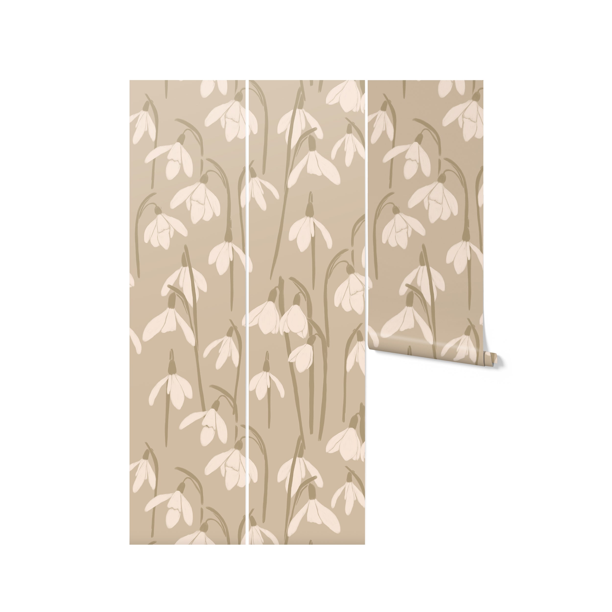 A roll of Snowdrop Wallpaper, partially unrolled to reveal a pattern of white snowdrop flowers with green stems on a beige background, emphasizing the wallpaper's elegant and timeless design.