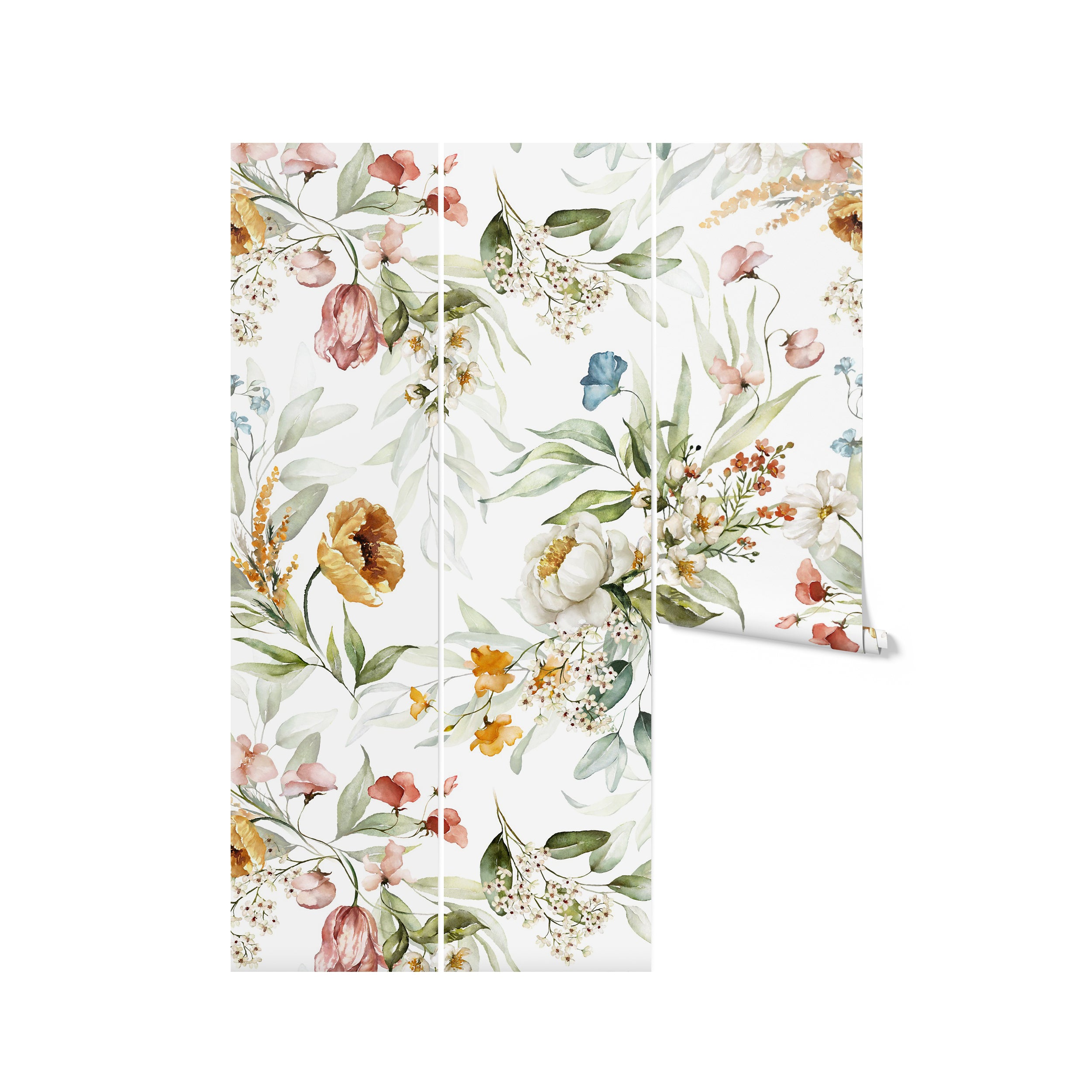Close-up of the Watercolour Bright Floral Wallpaper displaying an intricate pattern of various flowers and leaves in pastel shades on a white background, adding a touch of elegance and freshness.