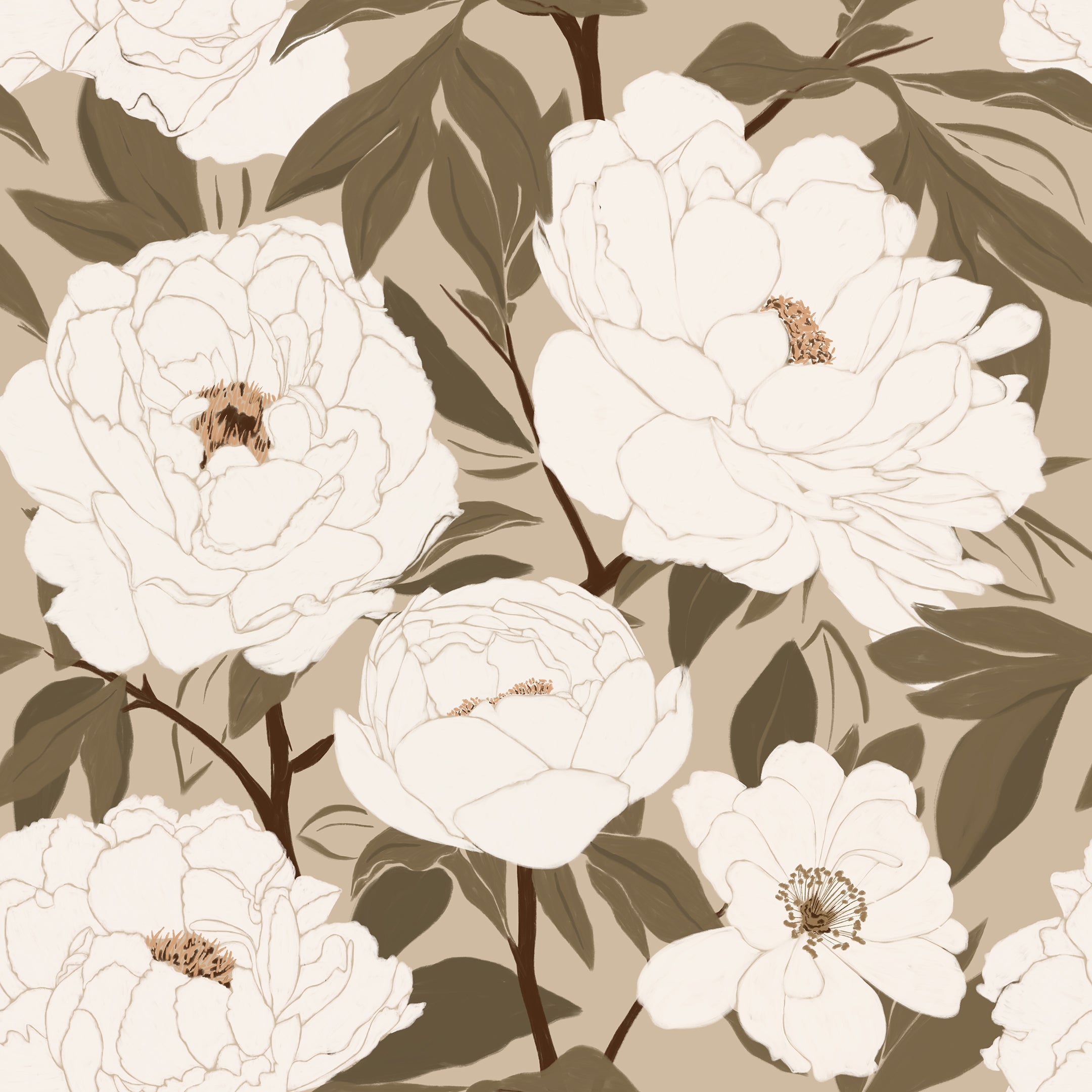 Close-up view of the White Peony Wallpaper featuring large, detailed white peony flowers with lush green leaves on a soft beige background. The elegant design and intricate details add a touch of sophistication and nature-inspired beauty.