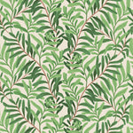A botanical wallpaper design featuring lush green leaves on intertwining branches. The pattern creates a dense and vibrant look, set against a light beige background, bringing the essence of nature indoors.