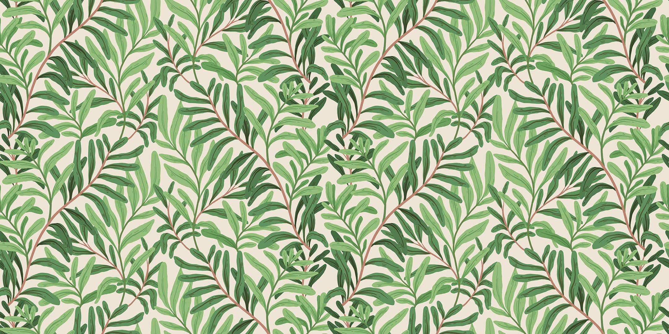A botanical wallpaper design featuring lush green leaves on intertwining branches. The pattern creates a dense and vibrant look, set against a light beige background, bringing the essence of nature indoors.