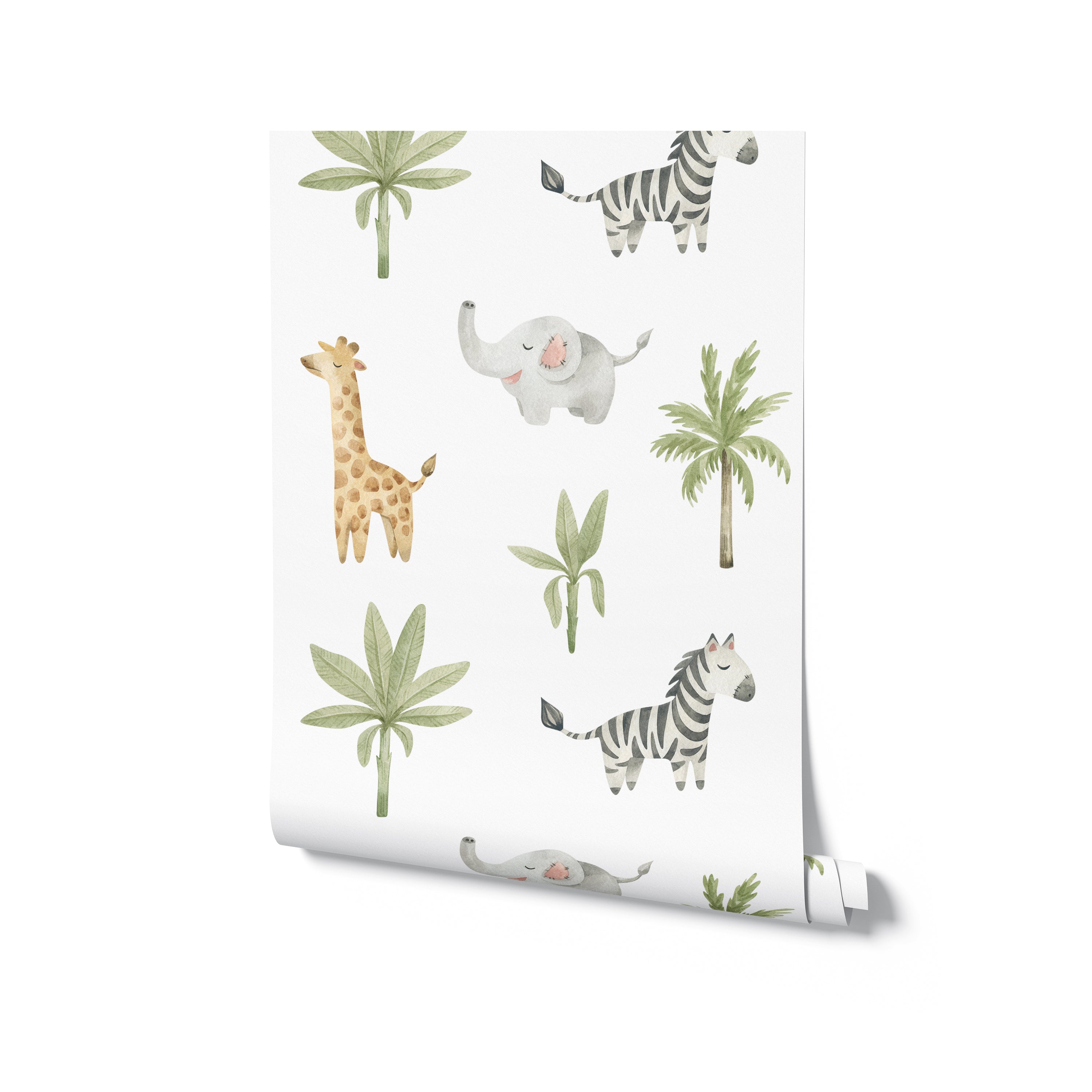 A roll of Jungle Animal Nursery Wallpaper showcases a charming array of watercolor safari animals and greenery, perfect for adding a joyful touch to children’s rooms.