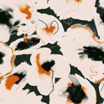 This wallpaper features an abstract pattern with fluid shapes in shades of black, orange, and beige on a light background. The design includes brushstroke-like textures and thin, curvy lines, creating a dynamic and artistic feel.