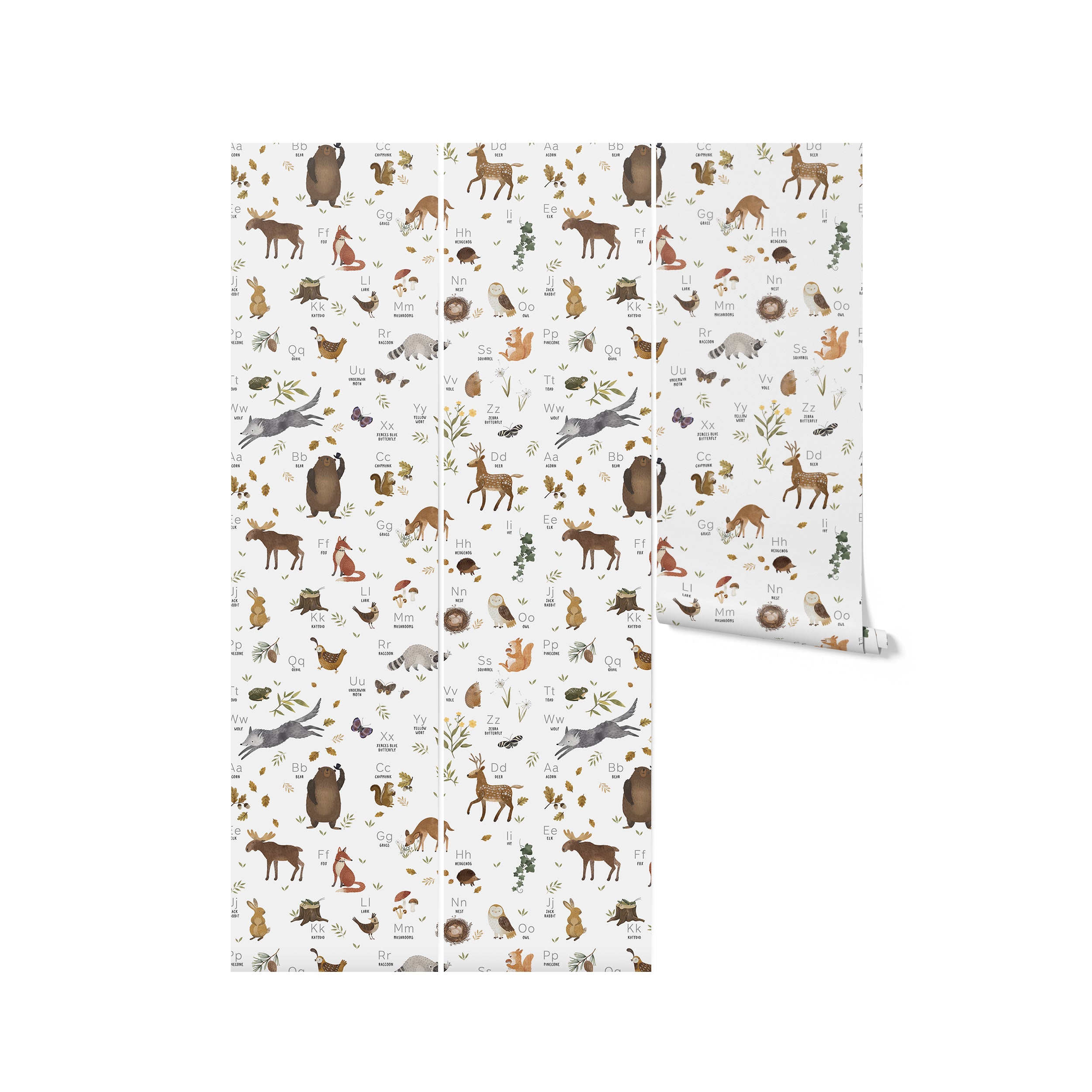  A roll of 'Forest Alphabet Animal Wallpaper' set against a white backdrop. The paper unfolds to reveal a whimsical pattern of woodland wildlife and letters, ideal for a child's nursery or playroom, combining both a love for nature with the beginnings of language learning in a delightful design.