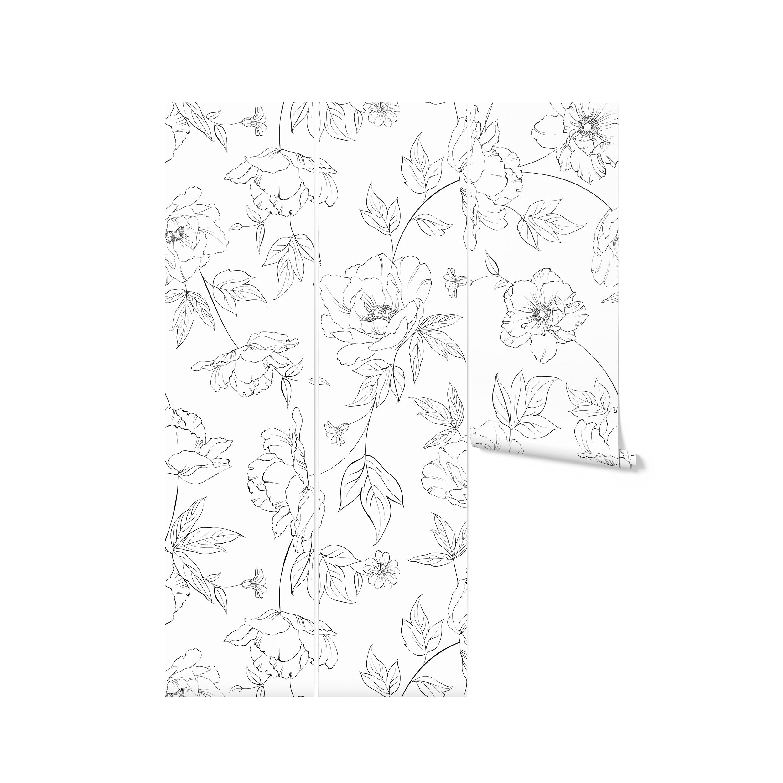 Dainty Floral Line Wallpaper - Extra Large displayed in three vertical panels, showcasing the elegant and detailed black and white floral line art design on a light background, perfect for adding a touch of sophistication to any room.