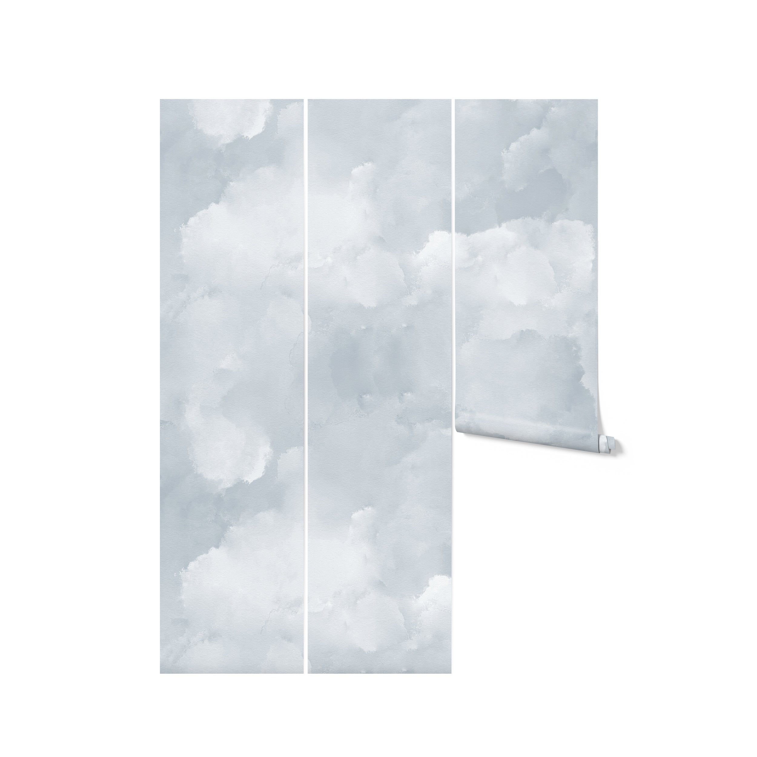 A depiction of the Cloud Mural Wallpaper in Pale Blue shown in three vertical panels with the fourth panel partially rolled, illustrating the wallpaper's full design. The airy cloud pattern provides a soothing and expansive effect, perfect for bringing the essence of the open sky into any interior space.