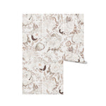 A roll of the Modern Aesthetic Wallpaper - Neutral. The design showcases white and beige sea shells, flowers, and foliage on a neutral background, emphasizing the sophisticated and modern aesthetic.