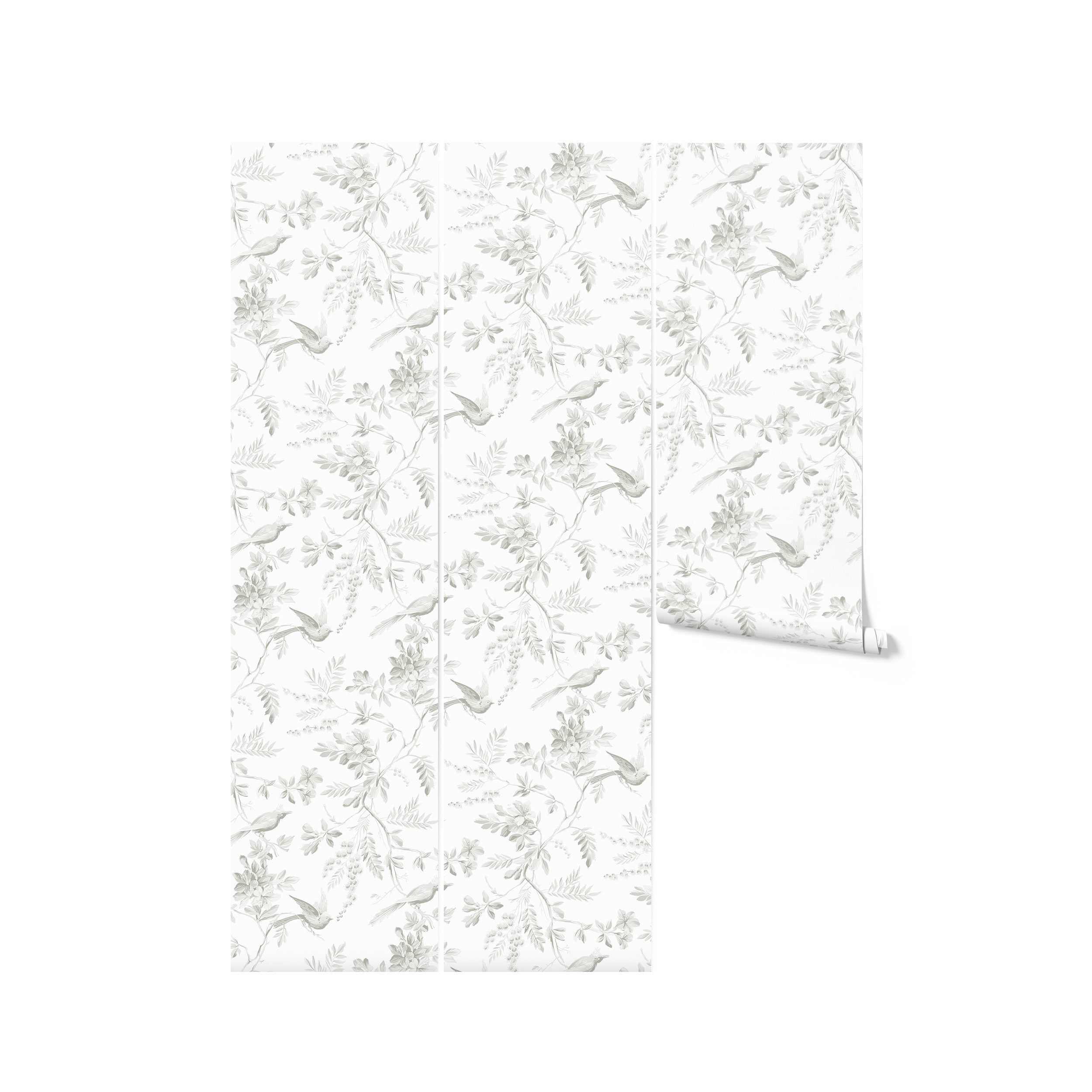A roll of 'Blossoming Birds Wallpaper' unfurled to display an elegant pattern of birds and foliage. The soft green botanicals and birds on a white background create a fresh and airy feel, ideal for bringing a natural and peaceful ambiance to a room.