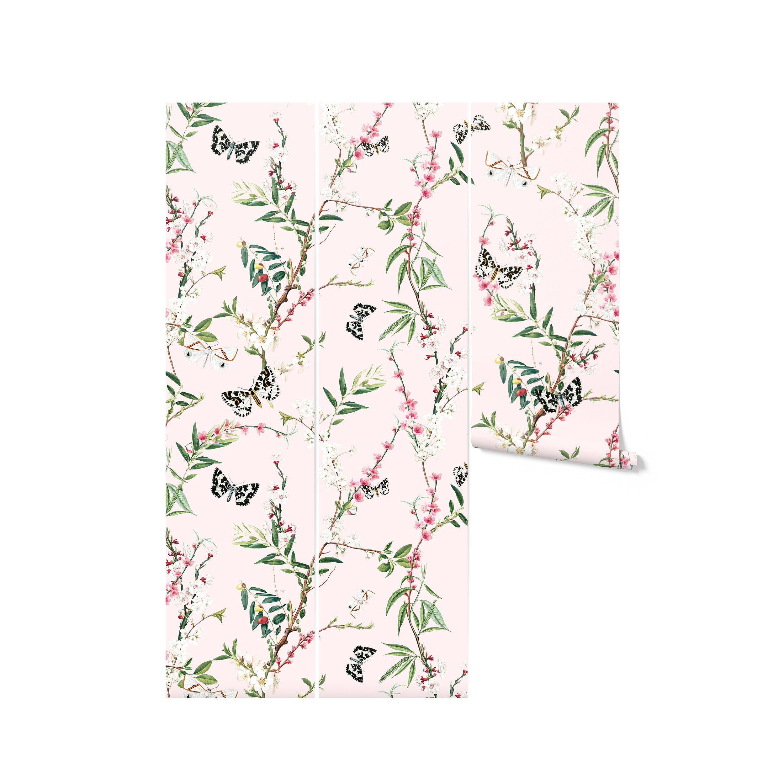 A roll of Enchanting Butterflies Wallpaper displayed upright, highlighting its intricate pattern of butterflies and blooming branches on a soft pink background. This wallpaper is perfect for adding a touch of nature and whimsy to any room, making it an ideal choice for nurseries, bedrooms, or playrooms.