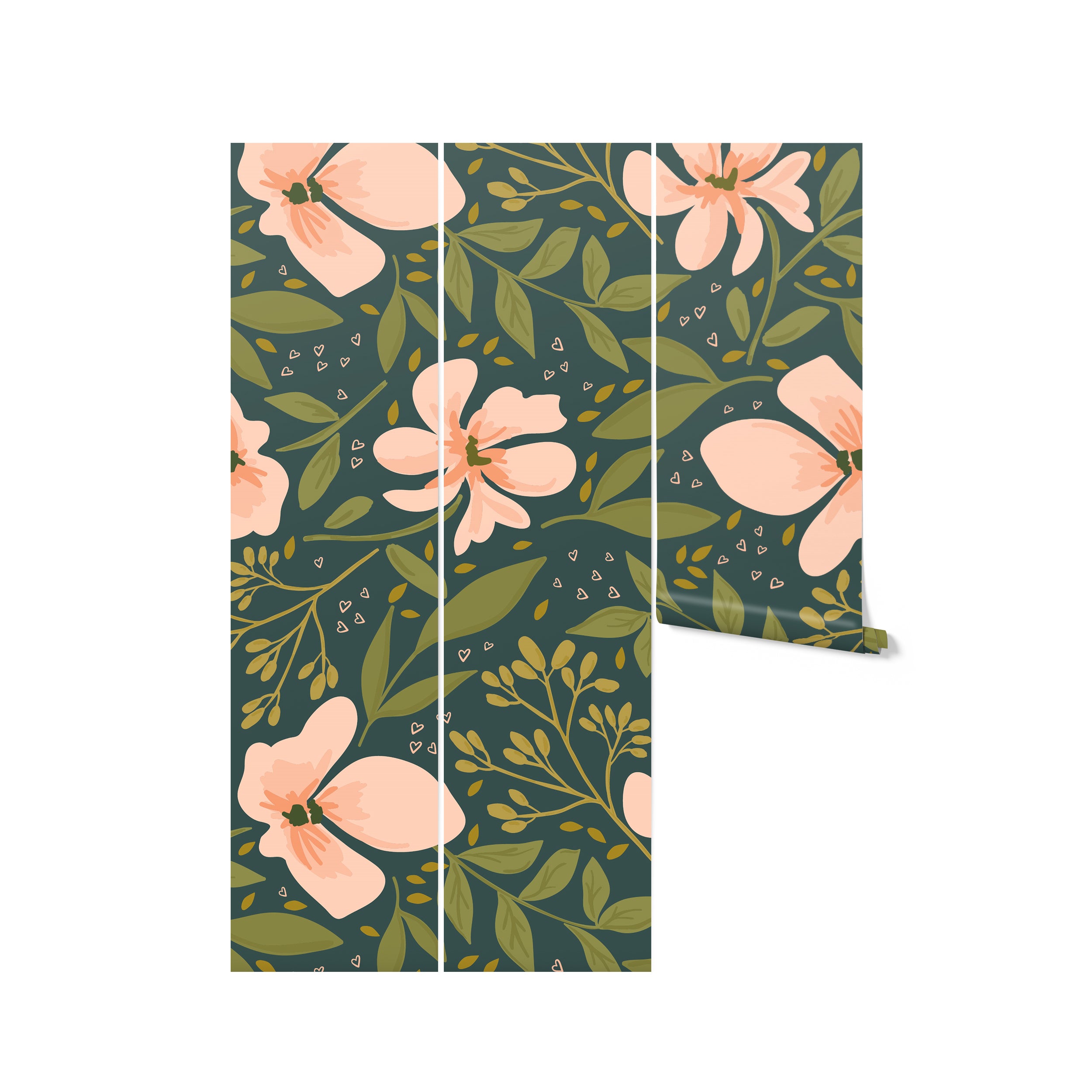A roll of 'Floral Love Watercolour Wallpaper' featuring a floral pattern with pink blooms, green foliage, and heart details against a dark green background, ready to transform a space with its romantic watercolor charm.