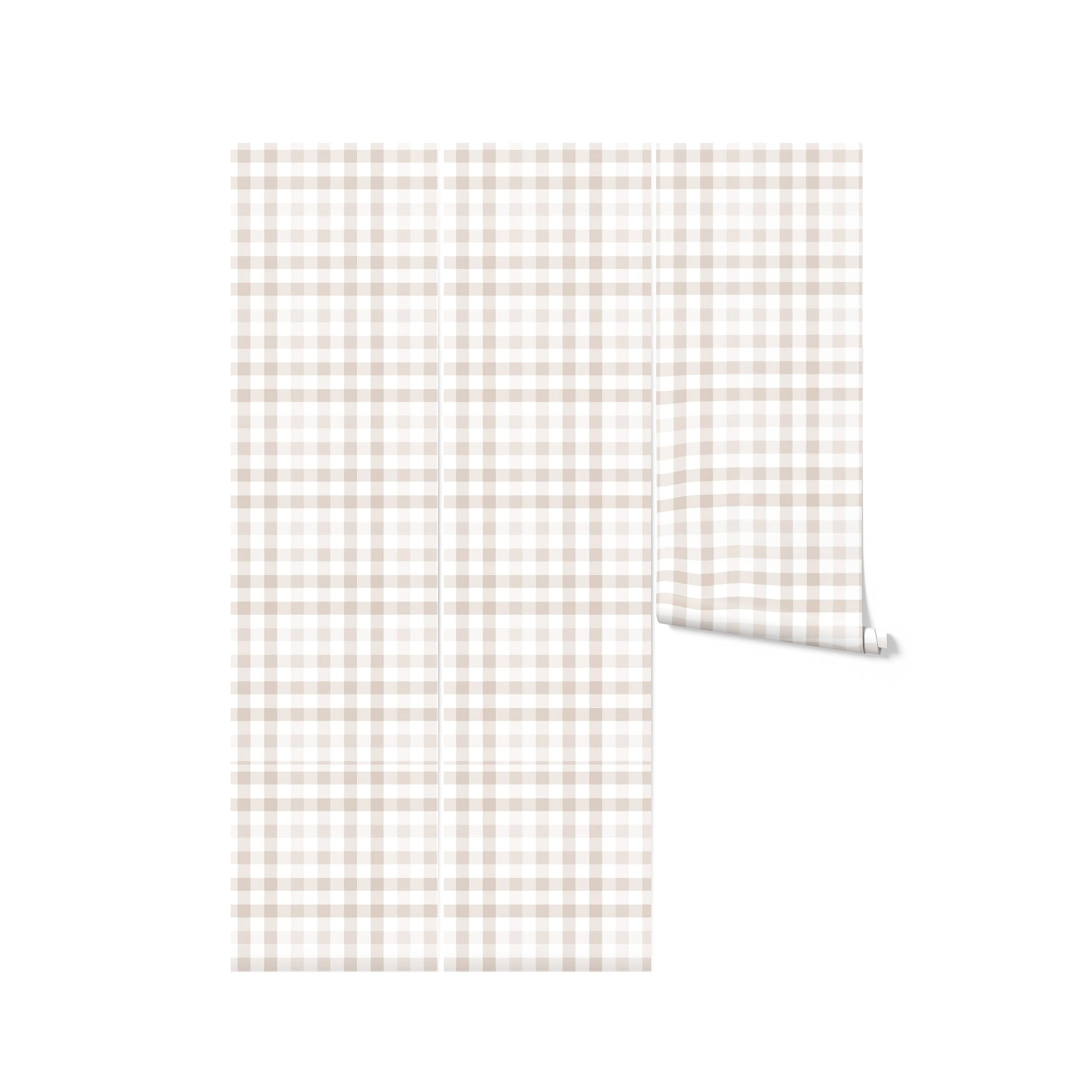 An image of a roll of beige and white gingham wallpaper partially unrolled. The wallpaper features a small checkered pattern, suitable for adding a classic touch to room decor.