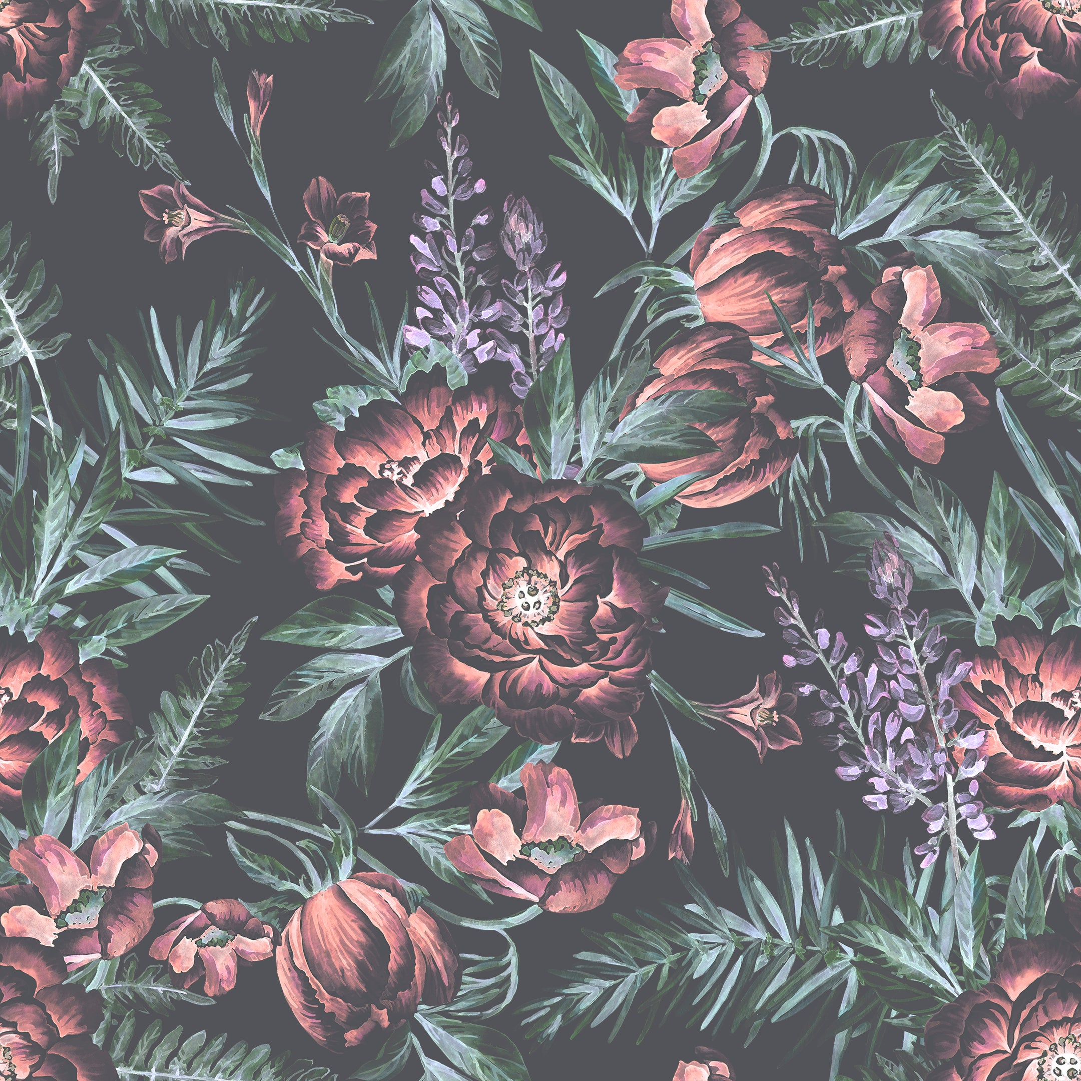 A detailed close-up of the Ephemeral Wallpaper, featuring vibrant illustrations of large red and pink flowers, green leaves, and purple accents on a dark background.