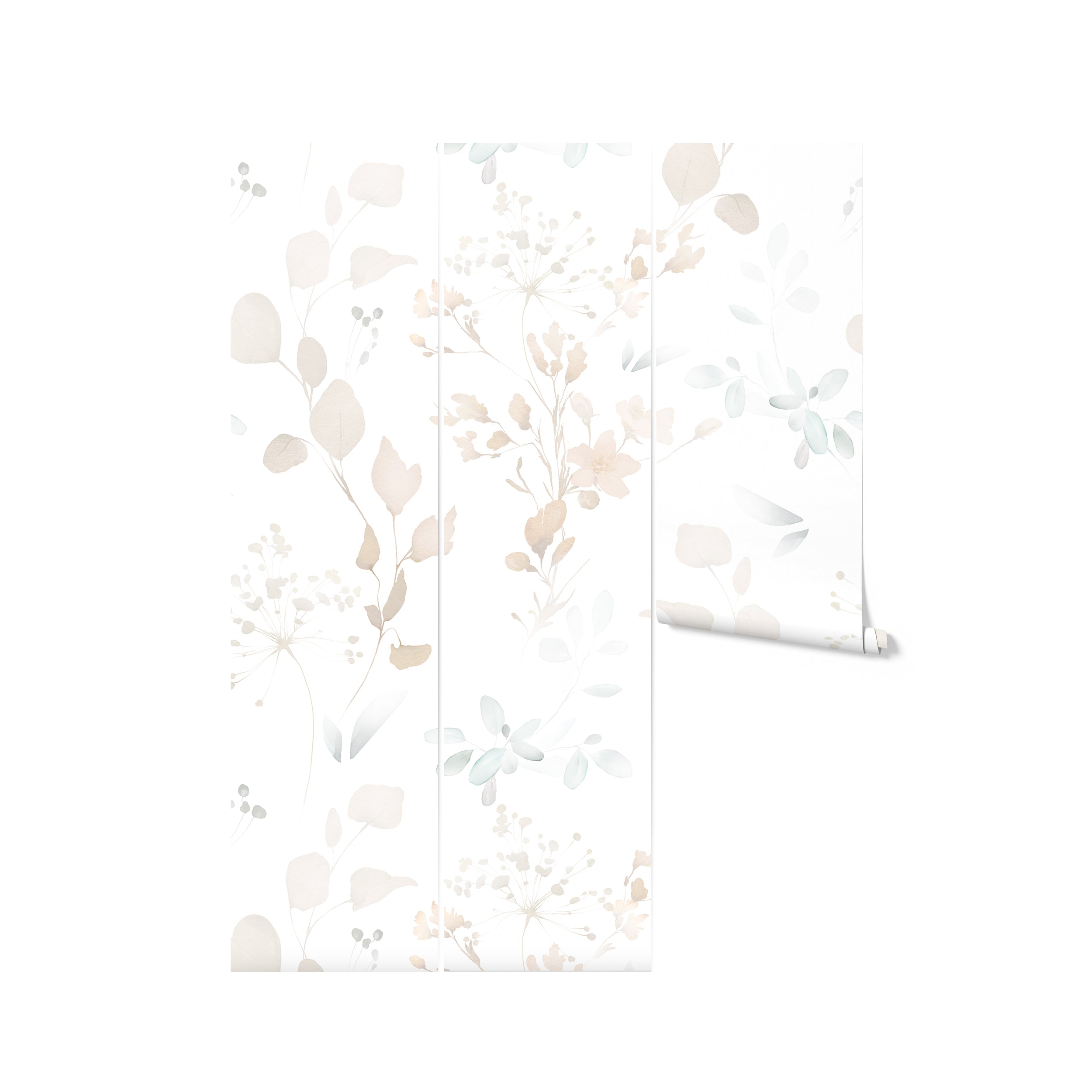 Three vertical panels displaying the Watercolour Floral & Herb Wallpaper. Each panel shows the continuous and harmonious pattern of floral and herbal illustrations, maintaining a cohesive and gentle flow across the sections. This setup showcases the wallpaper's potential to create a soothing and picturesque environment in any room.