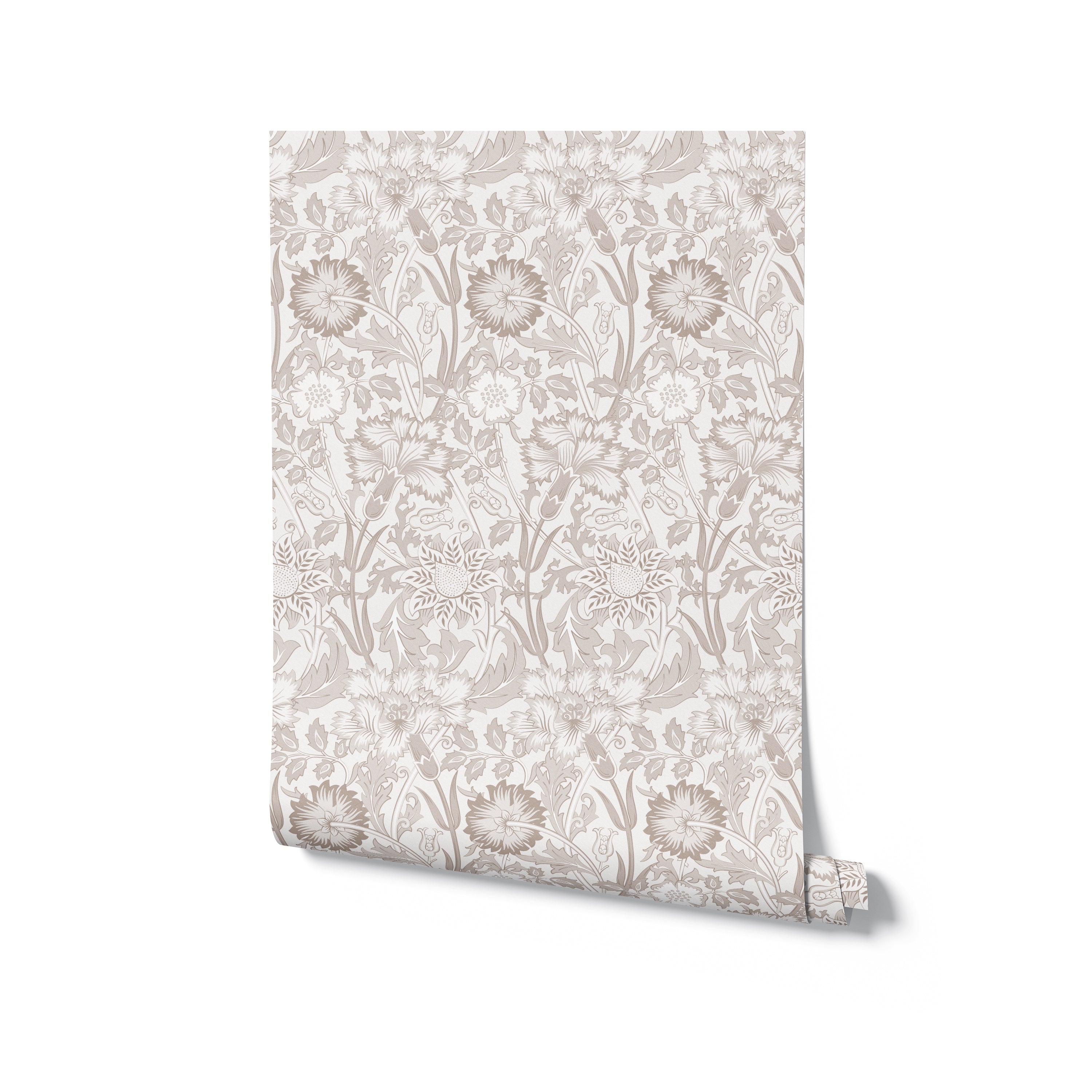 A roll of Garden Delight wallpaper, displaying its detailed beige floral pattern. The intricate design features large flowers and leaves, perfect for adding a touch of nature-inspired elegance to any interior space