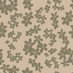 A seamless pattern wallpaper featuring small, olive green clover-like flowers scattered over a light beige background