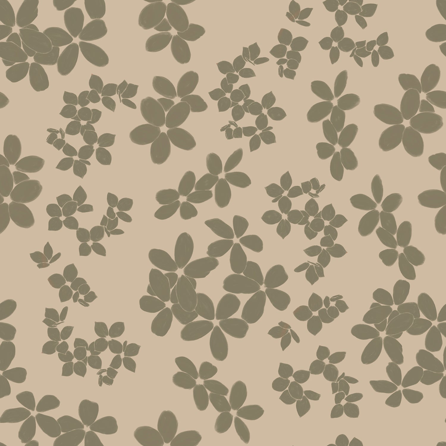 A subtle and charming wallpaper design named "Little Flowers" featuring clusters of small green floral motifs scattered across a beige background. The flowers are stylized and compact, offering a delicate and understated look that brings a touch of nature's simplicity to any room.