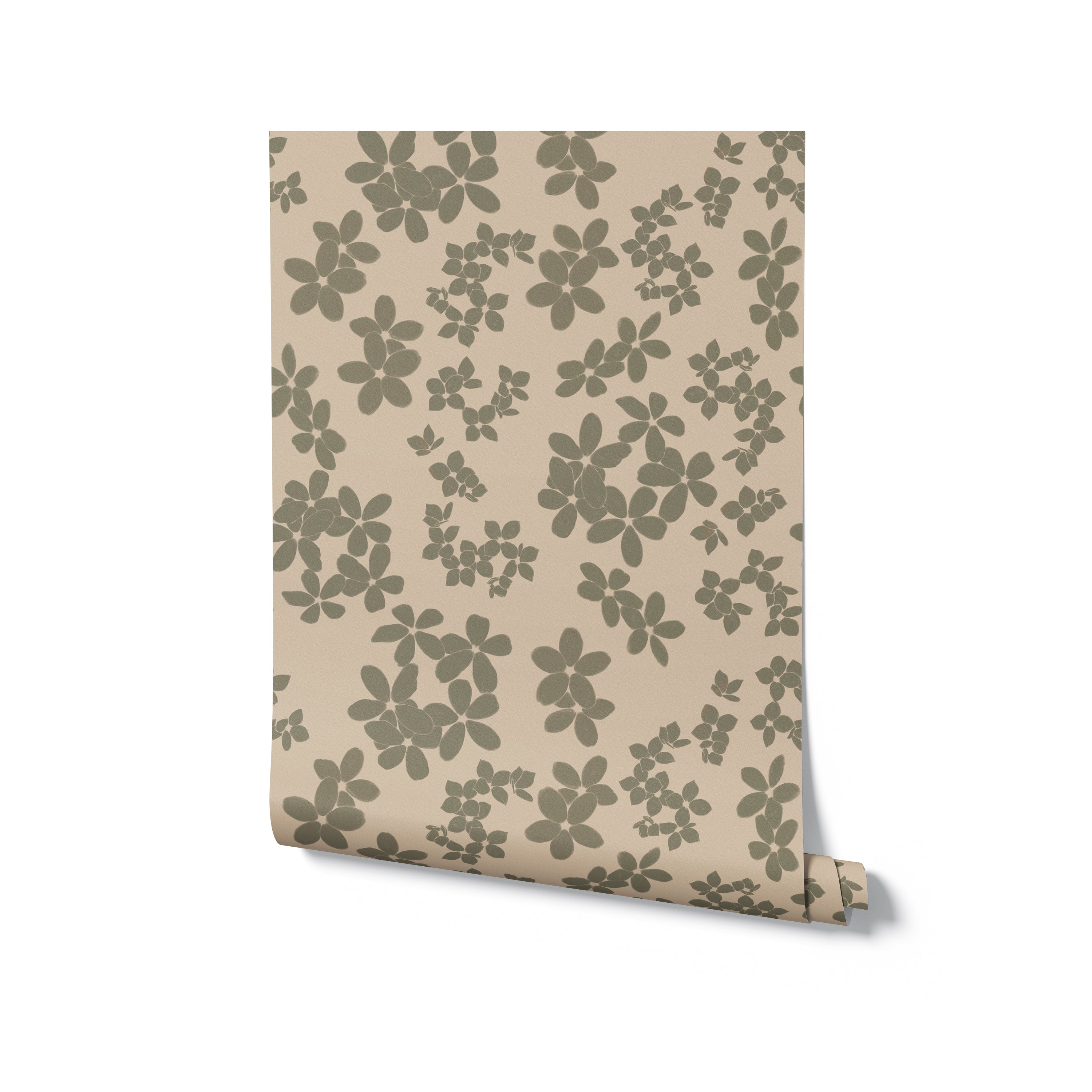 A roll of wallpaper featuring a repeating design of small, olive green clover-like flowers on a light beige background, rolled slightly at the corner to give a three-dimensional effect.