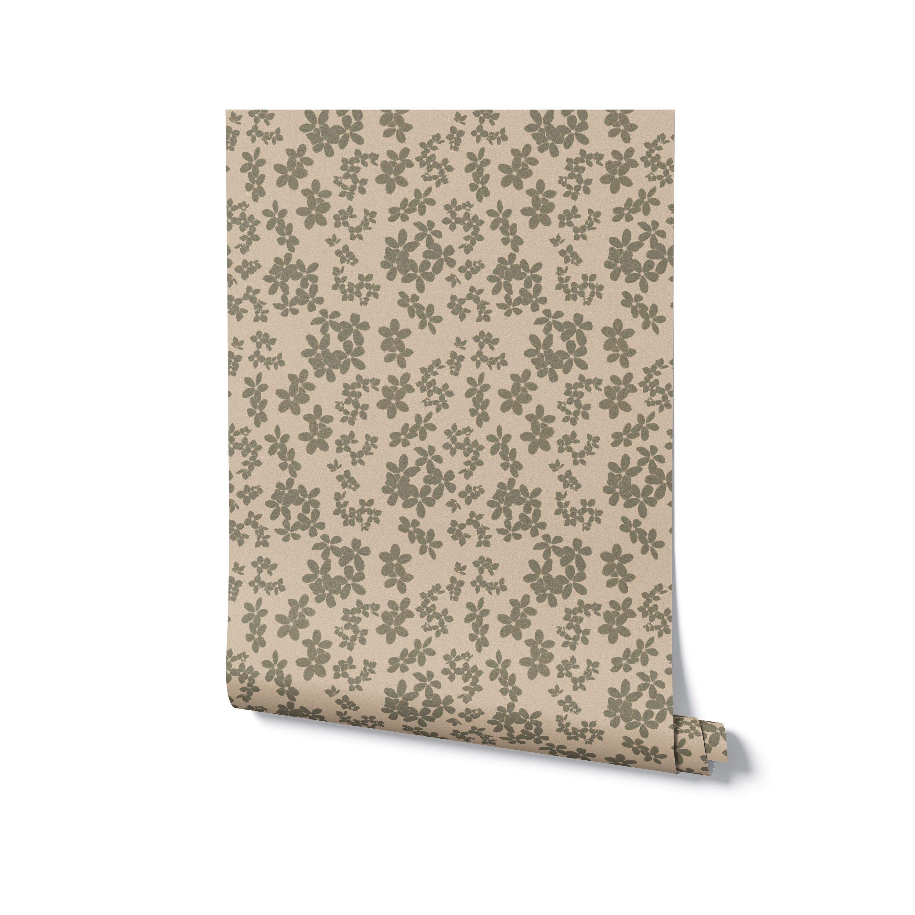 A roll of the Little Flowers Wallpaper showcasing the petite and evenly spaced green floral pattern. This image highlights the wallpaper's consistency and the gentle, earthy tones that make it ideal for creating a serene and cozy environment in residential spaces.