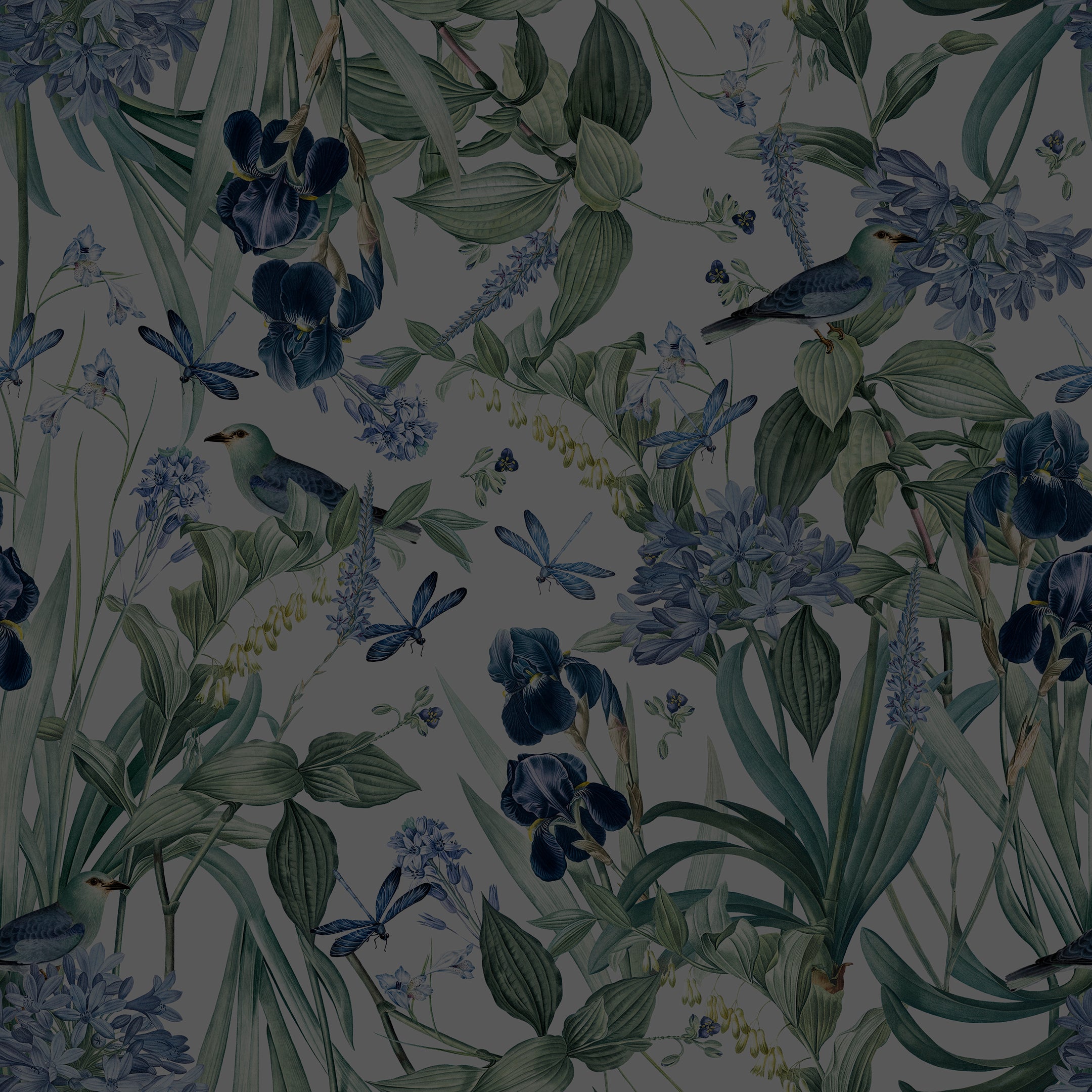 A detailed close-up of the Mint Floral Wallpaper on a slate background, featuring intricate illustrations of mint green leaves, blue flowers, and birds, with accents of dragonflies.