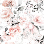 A delicate floral wallpaper design featuring watercolor illustrations of pink flowers and grey leaves. The pattern includes roses and various blossoms set against a white background, creating an elegant and soft aesthetic.