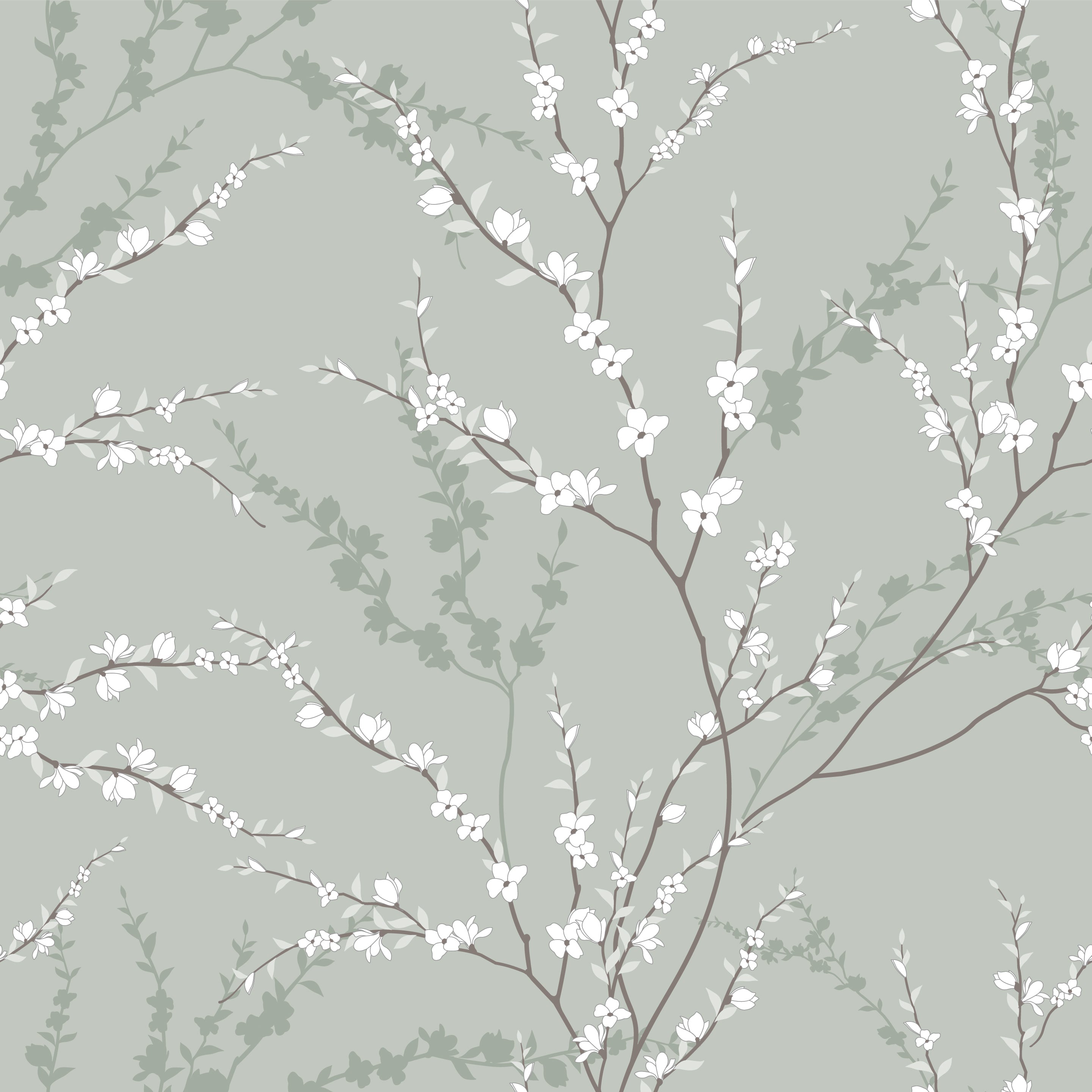 An elegant wallpaper pattern named "Enchanted Blossoms" featuring slender brown branches with scattered white blossoms set against a soothing sage green background. Shadows of leaves in darker green hues add depth and create a serene, layered effect, reminiscent of a peaceful woodland scene.